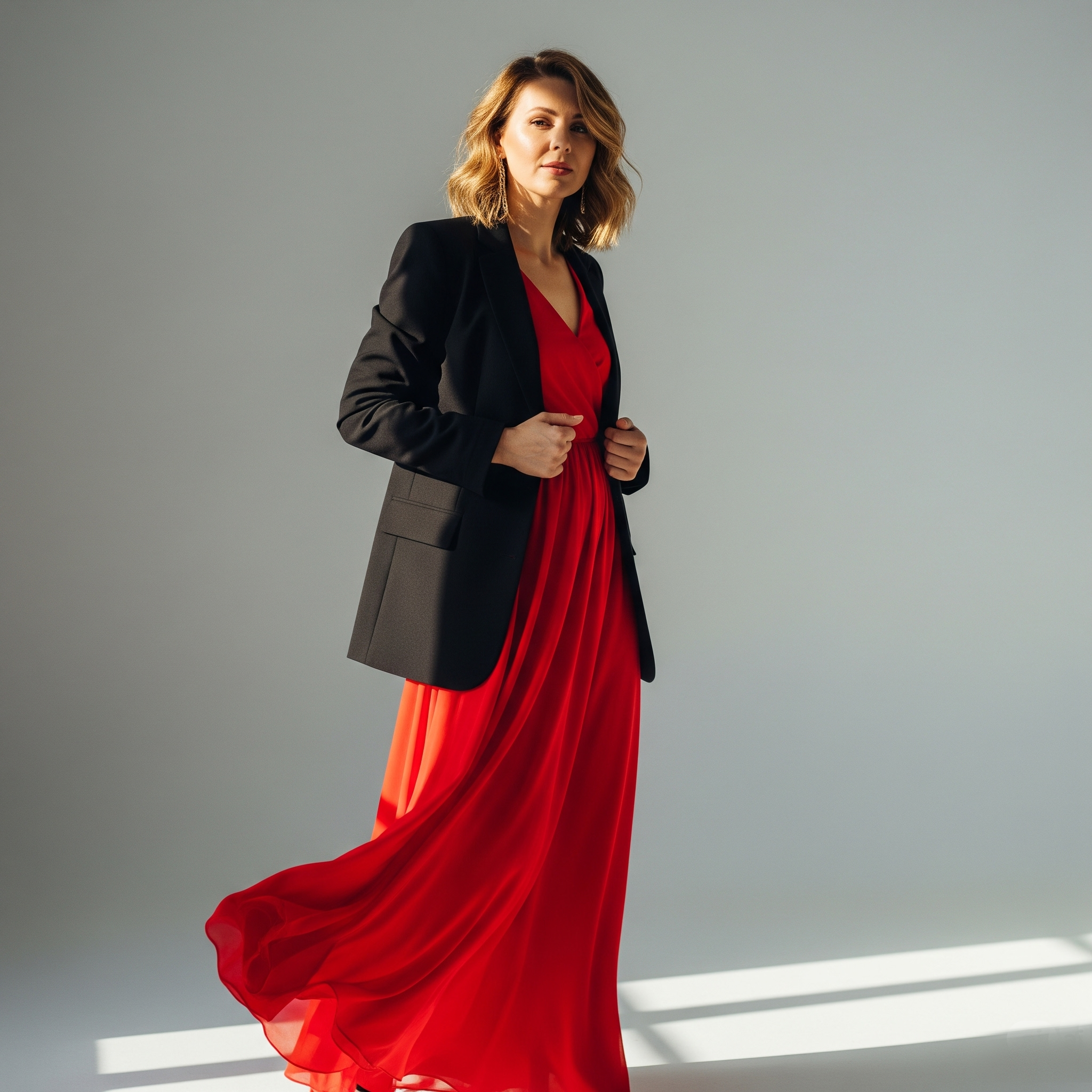 Donna bionda che mostra come abbinare un blazer nero sartoriale a un vestito rosso lungo e fluente per un look sofisticato e potente.

