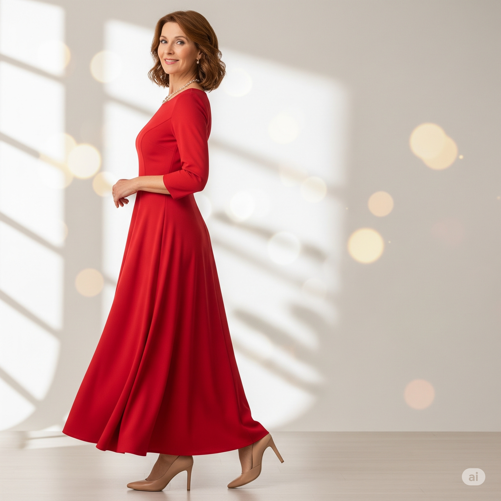 Una donna sorridente indossa un elegante vestito rosso lungo a tre quarti, abbinato a un paio di decollete color nude che slanciano la figura.

