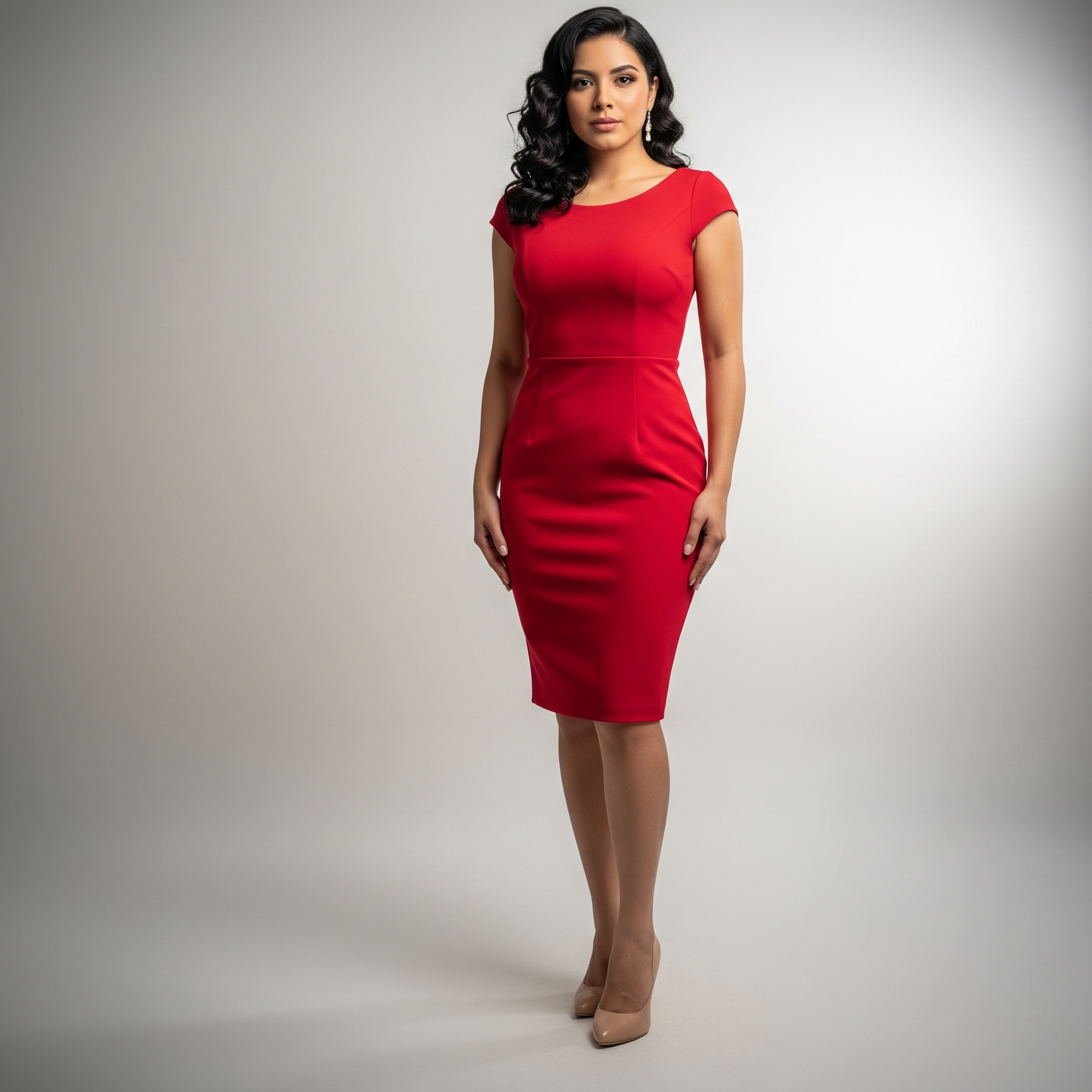 Donna elegante con un vestito rosso a tubino e décolleté color nude a punta.

