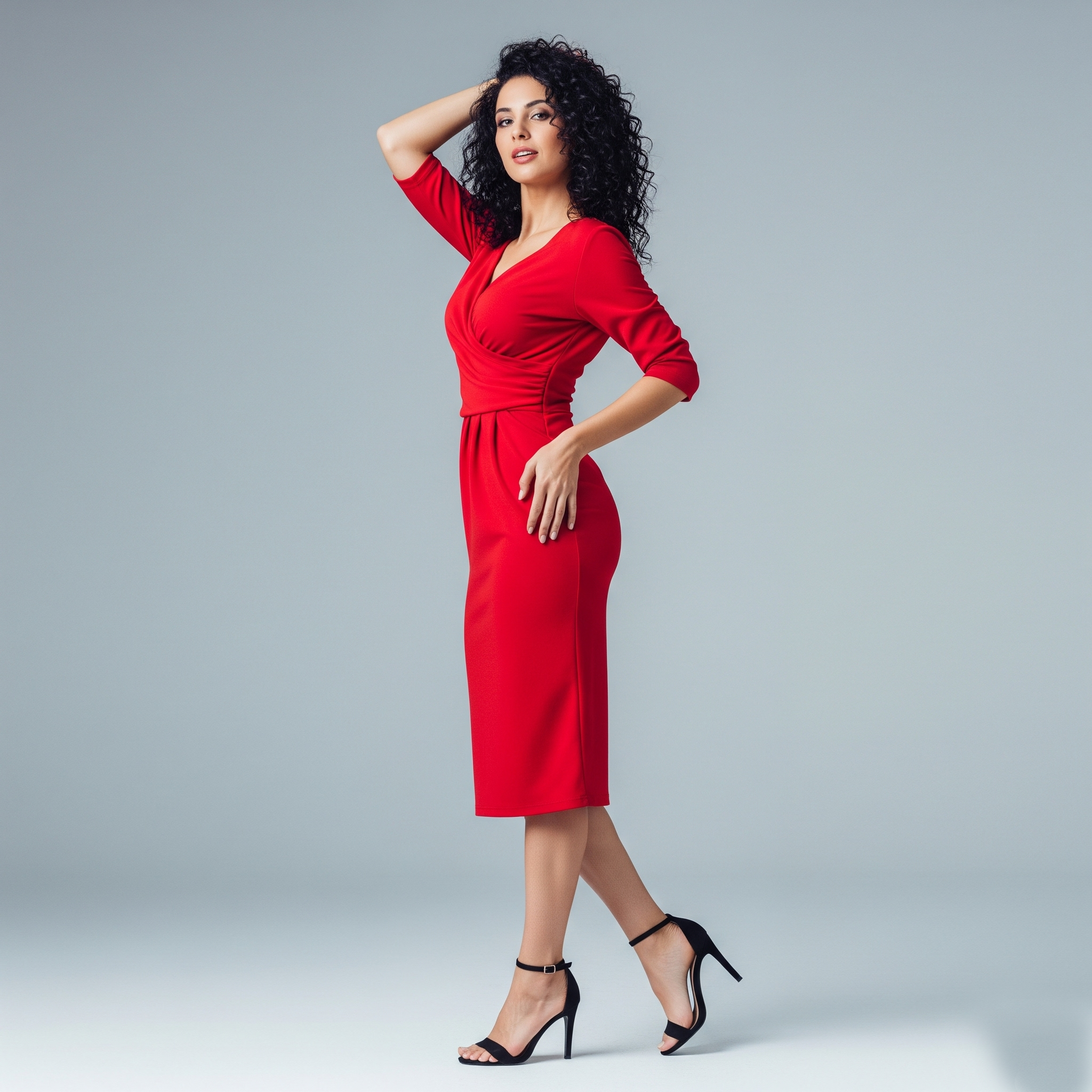 Donna con capelli ricci posa con un vestito rosso e sandali neri con tacco e cinturino alla caviglia.

