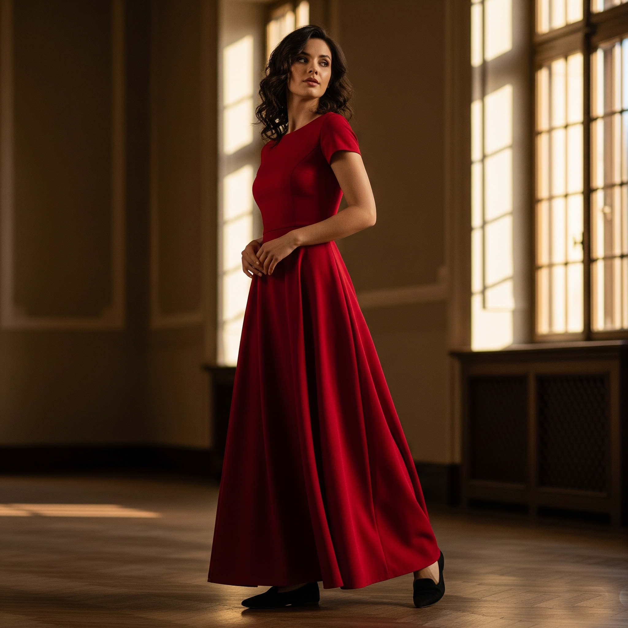 Donna elegante con capelli scuri indossa un vestito rosso lungo e scarpe nere basse, mostrando un abbinamento classico e d'impatto in una sala con grandi finestre.

