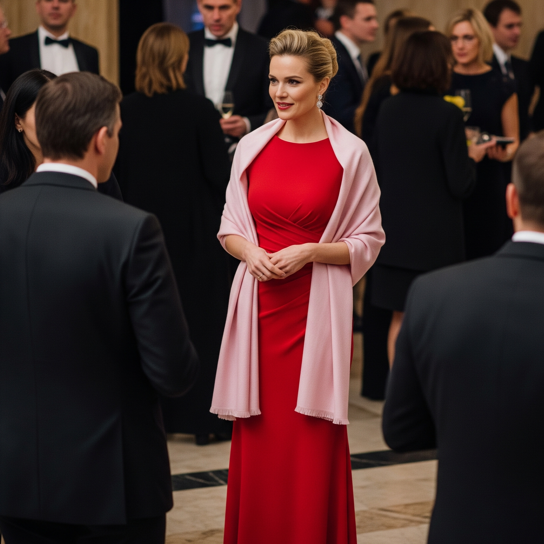Donna bionda elegante con i capelli raccolti che indossa una stola rosa cipria su un vestito rosso lungo, mostrando un perfetto look da cerimonia.

