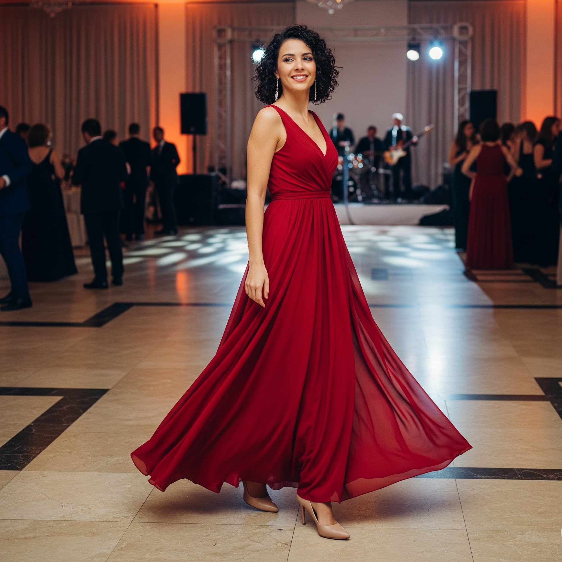 Una donna sorridente con un elegante vestito rosso lungo indossa décolleté nude a un ricevimento. Un perfetto esempio di abbinamento per una cerimonia.

