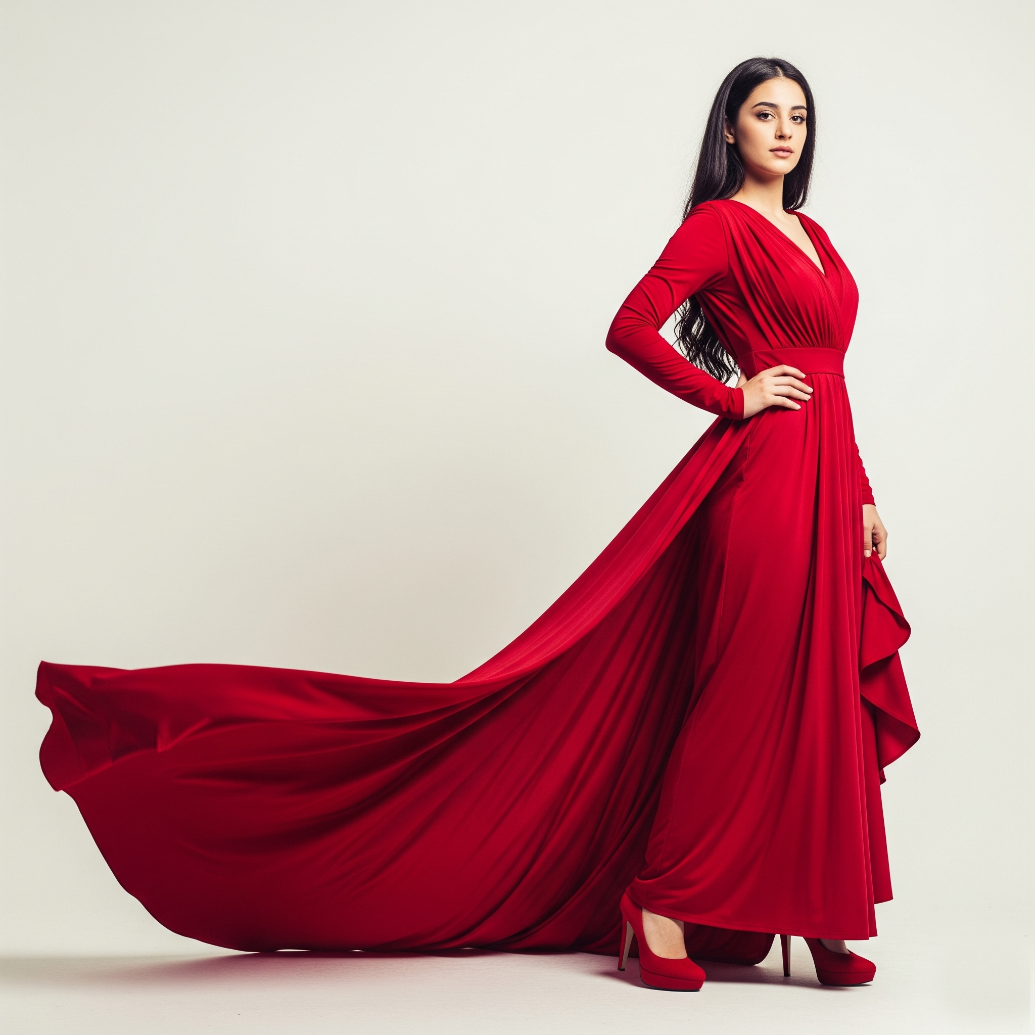 Donna con lunghi capelli scuri posa in modo potente indossando un total look rosso: un vestito lungo con strascico e scarpe con il tacco dello stesso identico colore.

