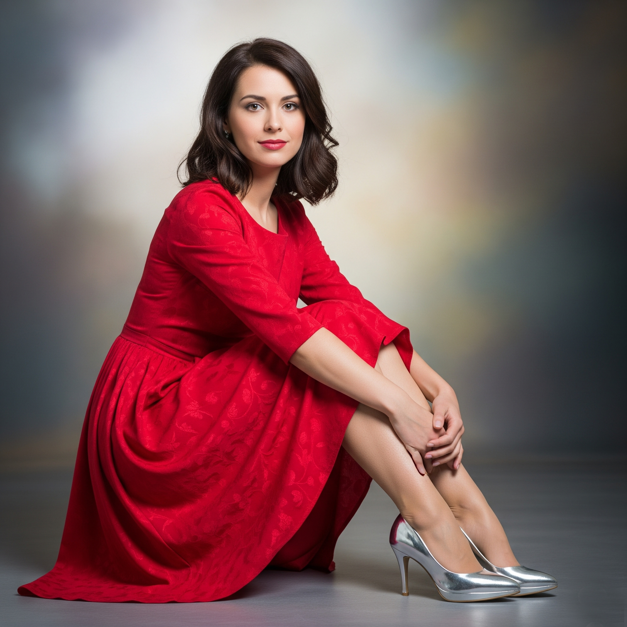 Donna con capelli castani e vestito rosso a maniche lunghe siede indossando décolleté a punta color argento.

