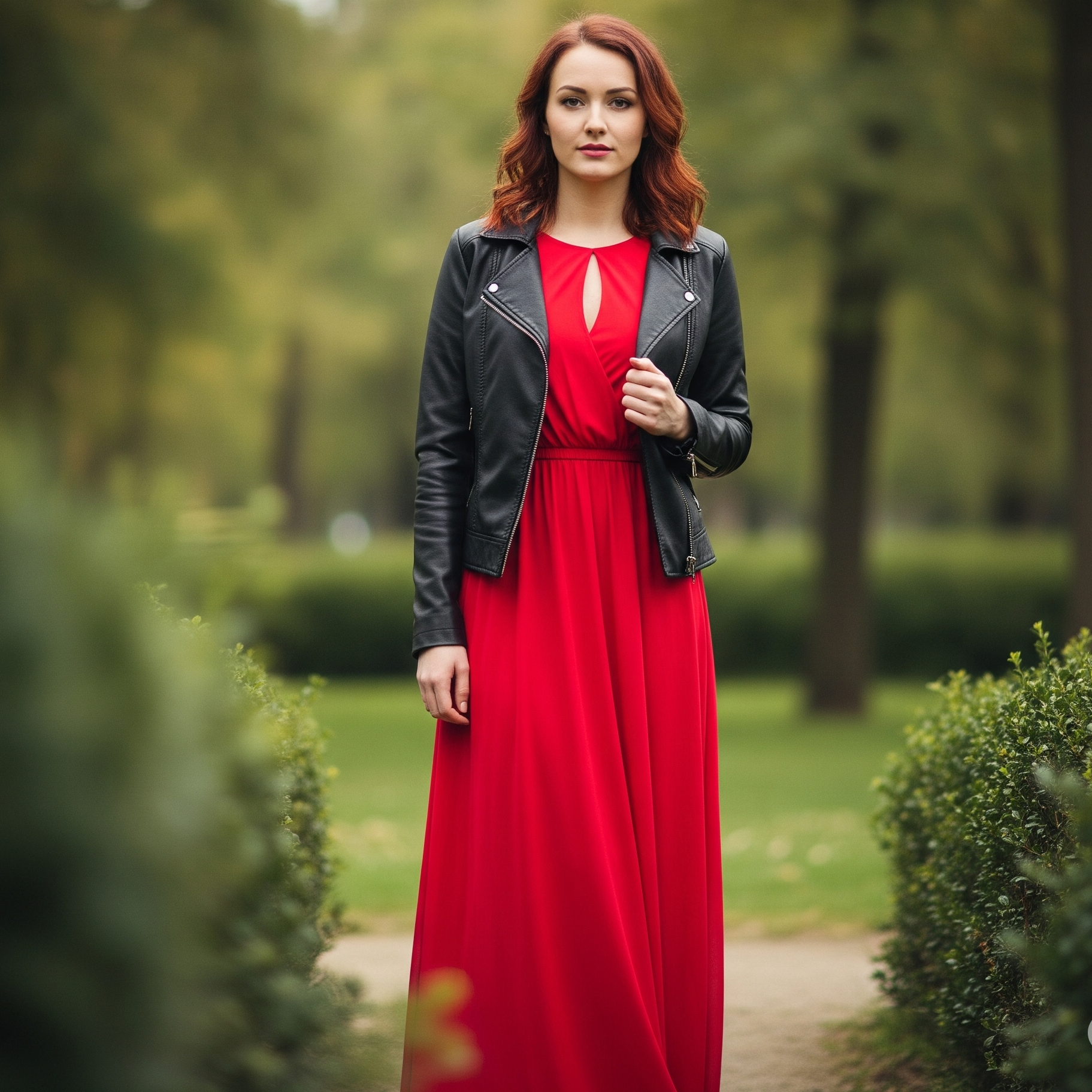 Donna con capelli rossi che mostra come abbinare un chiodo in pelle nera a un vestito rosso lungo per creare un perfetto look rock chic di contrasto.

