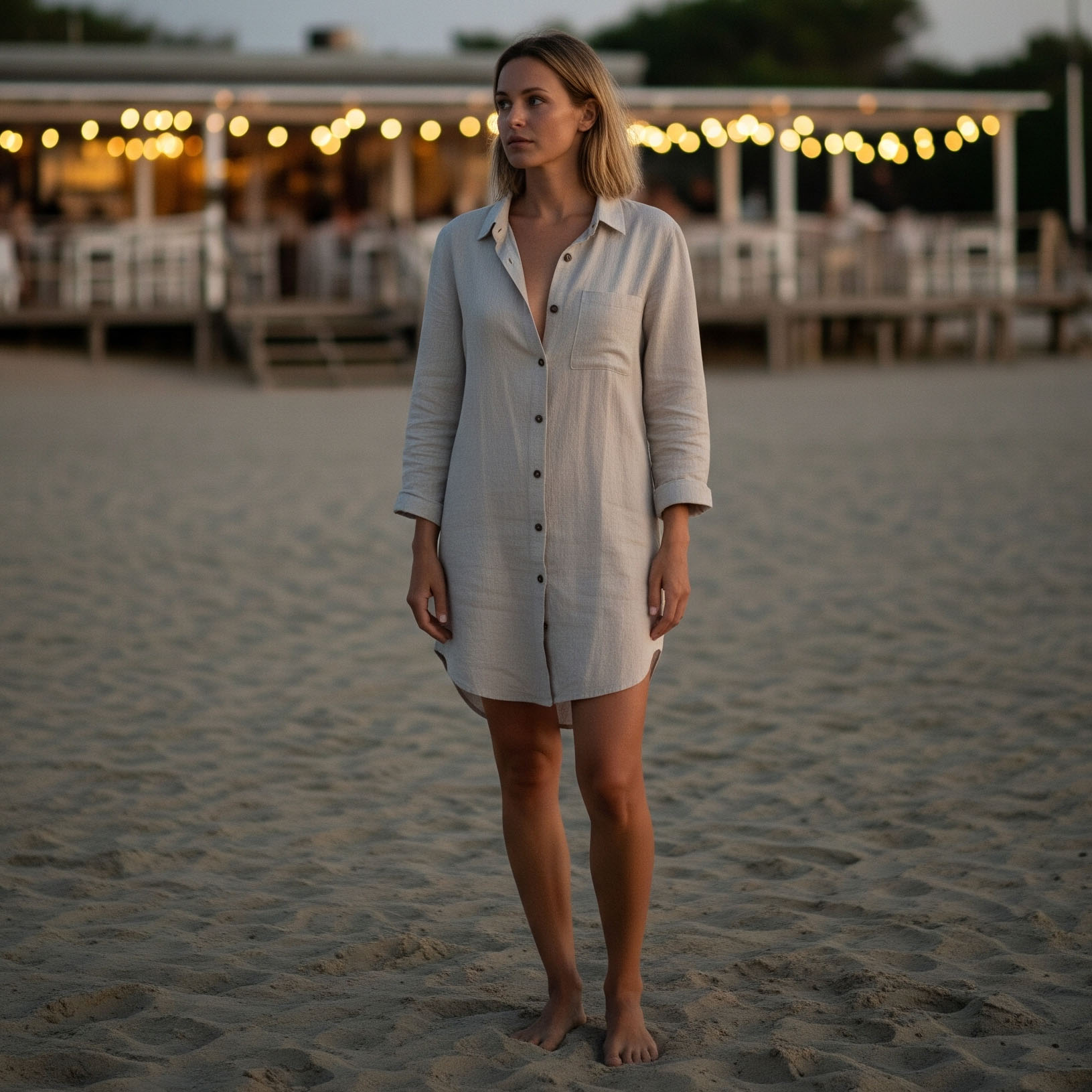 Donna con un abito chemisier di lino color sabbia, sbottonato con nonchalance, per una cena in un ristorante sulla spiaggia di sera.

