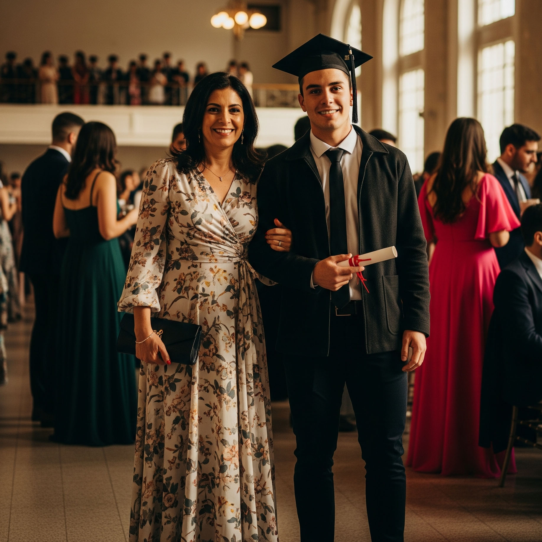 Outfit laurea mamma: donna sorridente con un elegante abito lungo a fantasia floreale accanto al figlio laureato in un'aula magna.

