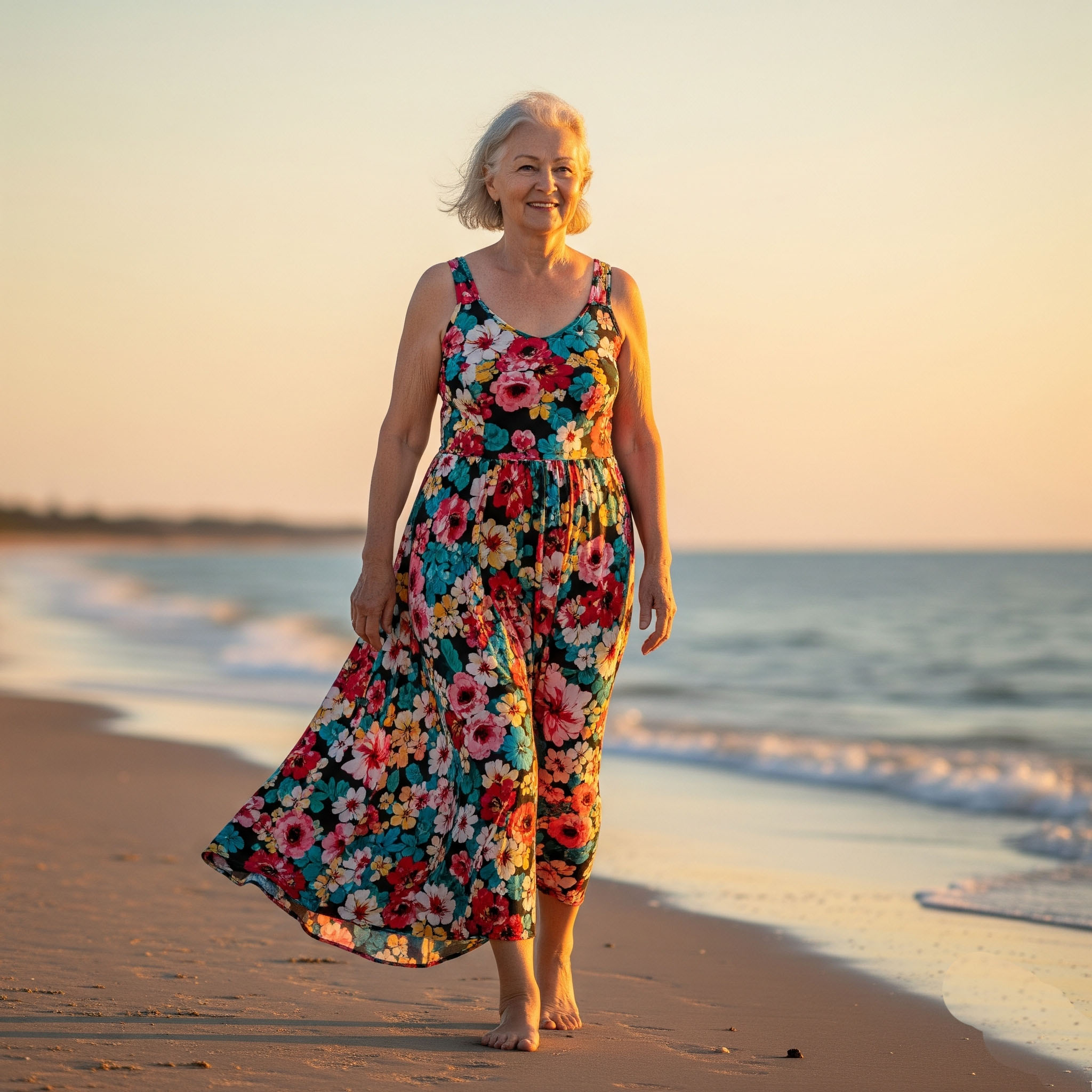 Donna elegante con abito lungo prendisole a fiori cammina a piedi nudi sulla spiaggia durante il tramonto.

