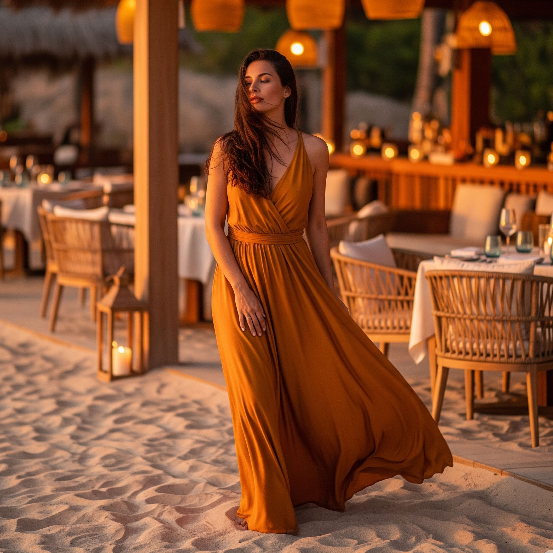 Donna che indossa un lungo abito color ocra sulla sabbia di un ristorante al mare, in un'atmosfera serale.