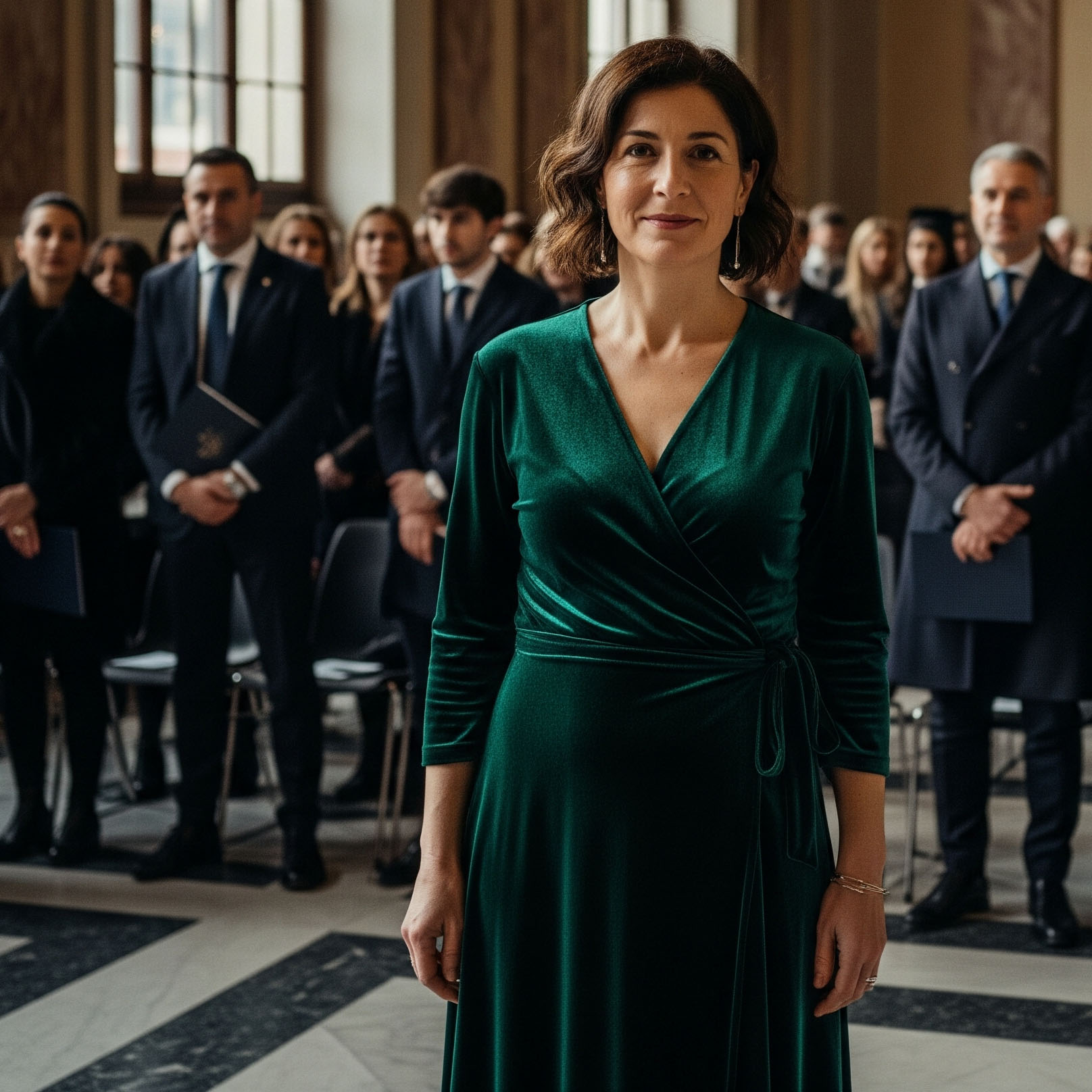 Mamma con elegante abito a portafoglio in velluto verde smeraldo, un look perfetto per una cerimonia di laurea invernale.