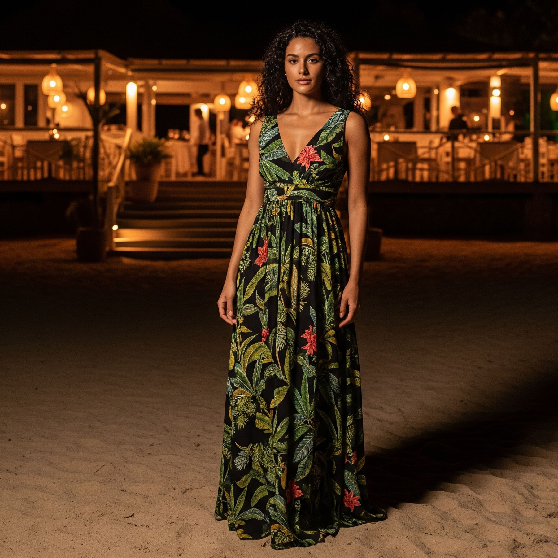 Donna con un vivace abito lungo a fantasia tropicale posa sulla sabbia di notte, con le luci di un ristorante sulla spiaggia sullo sfondo.

