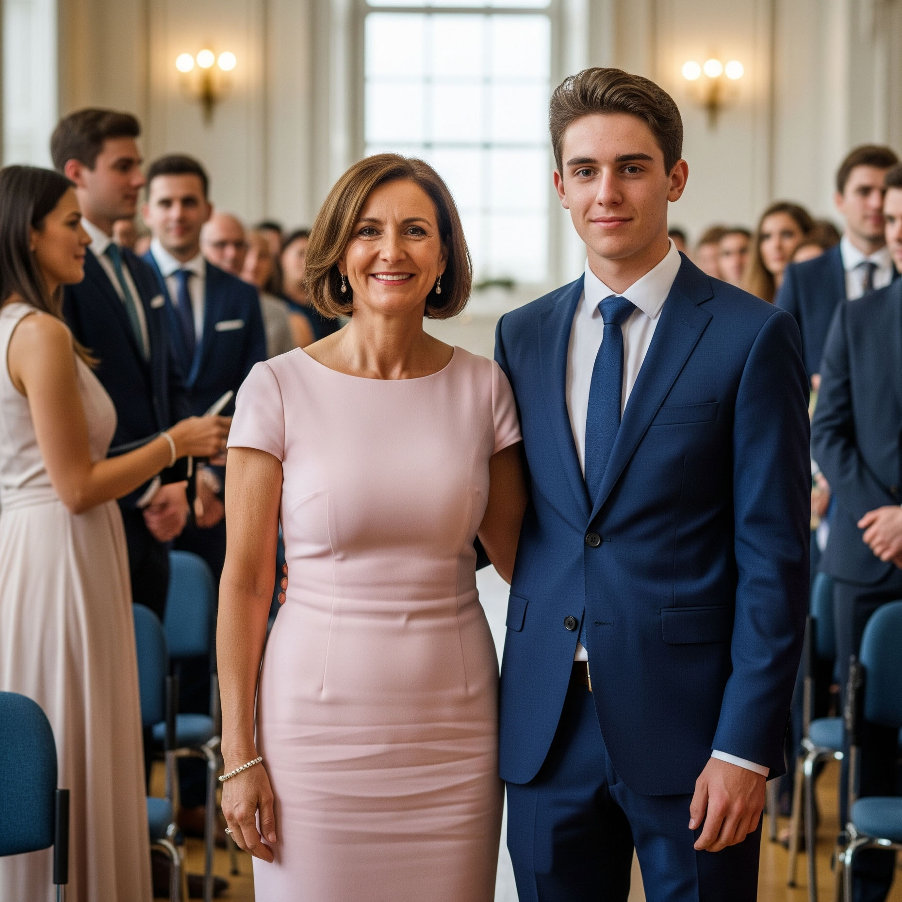 Look laurea per la mamma: donna elegante con tubino estivo rosa pastello posa sorridente con il figlio laureato.

