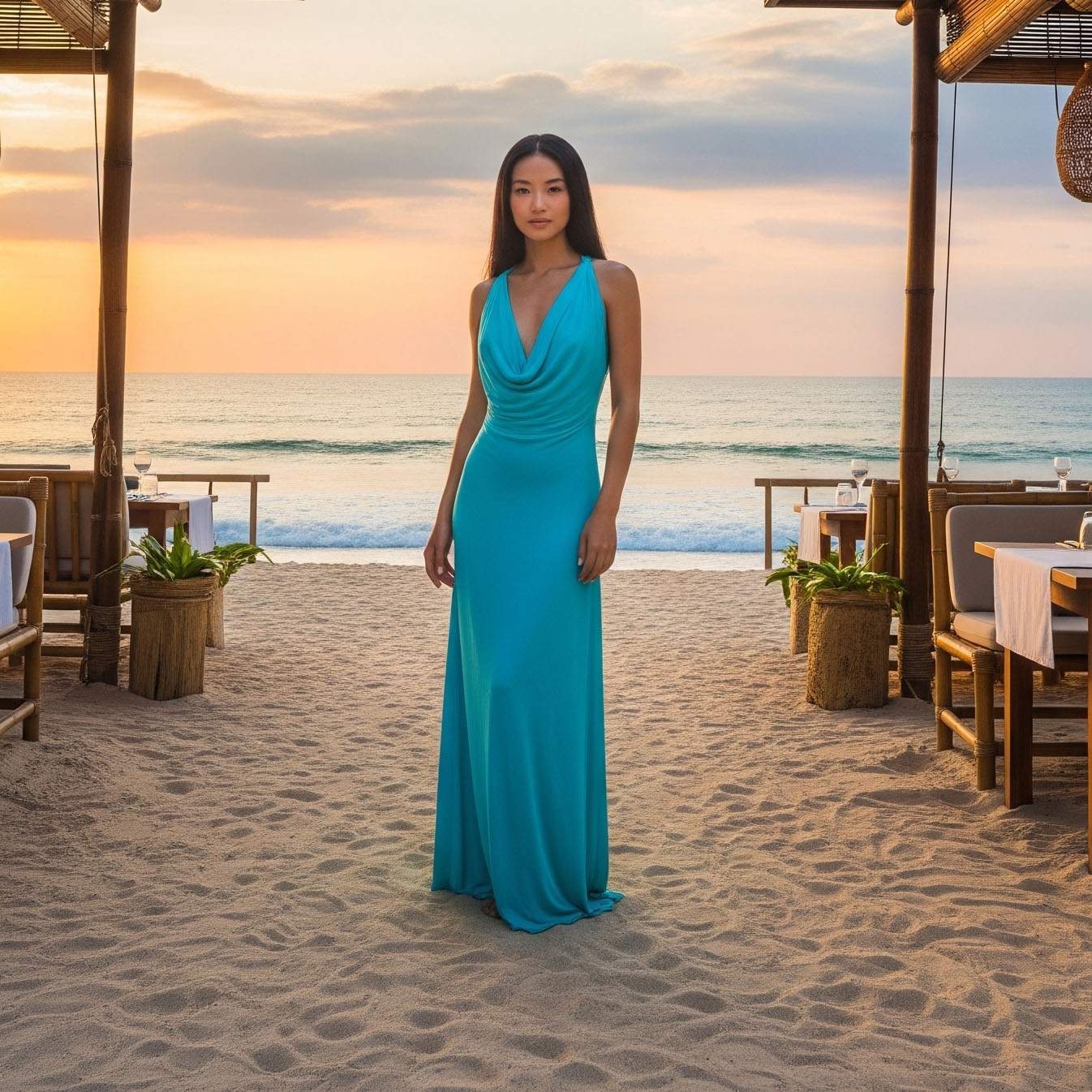 Donna con un lungo abito color turchese in un ristorante sulla spiaggia durante la sera.