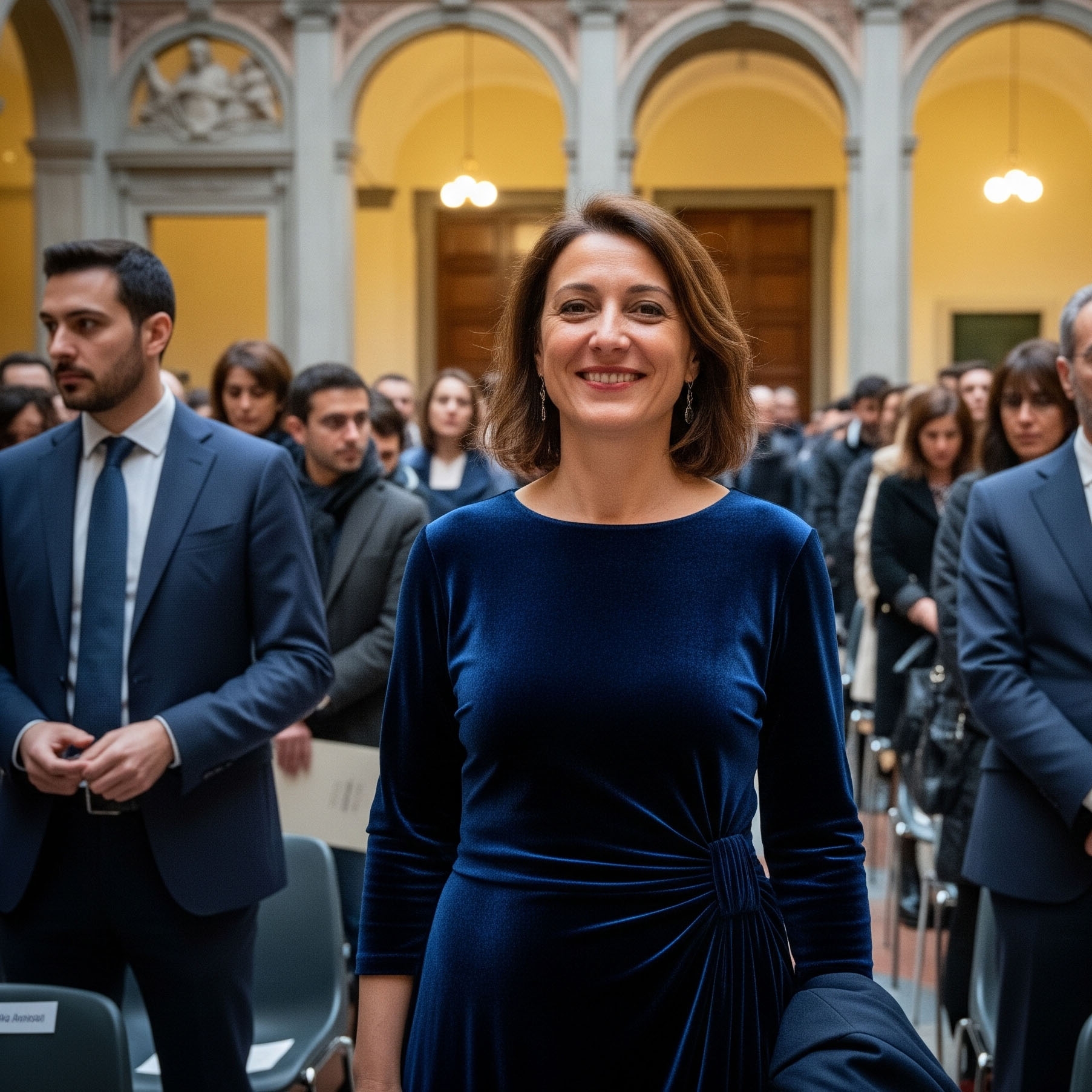 Mamma sorridente e chic con un abito in velluto blu, l'outfit perfetto come abito per laurea da mamma in inverno in università.