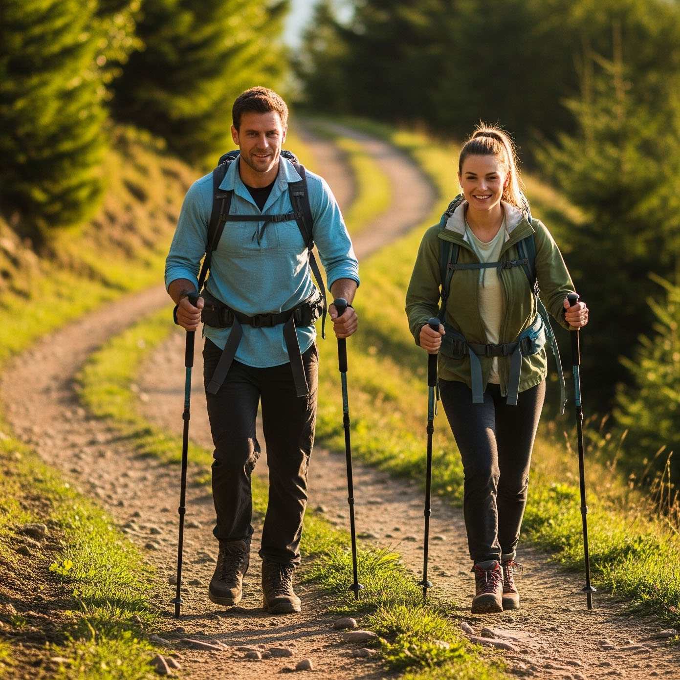 Coppia sorridente di escursionisti che usa i bastoncini da trekking mentre cammina su un sentiero soleggiato in un bosco di montagna.