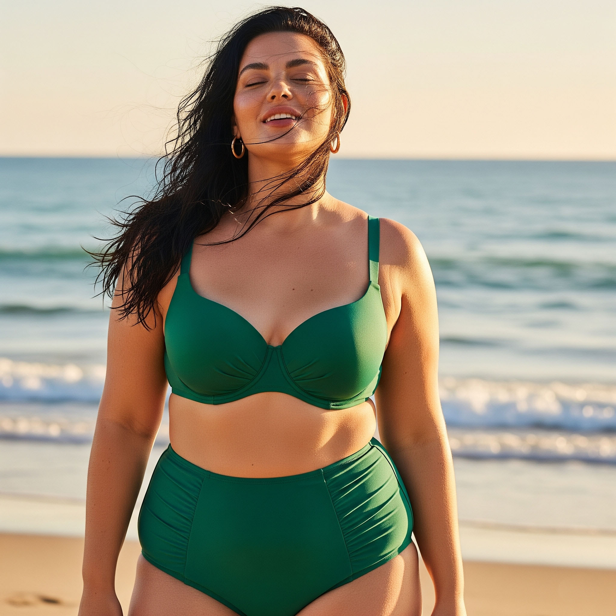 Come sembrare più magra in spiaggia: trucchi e look 2025 6 Donna curvy sorridente in spiaggia indossa un bikini a vita alta verde con reggiseno a balconcino, ideale per contenere i fianchi e valorizzare la silhouette.