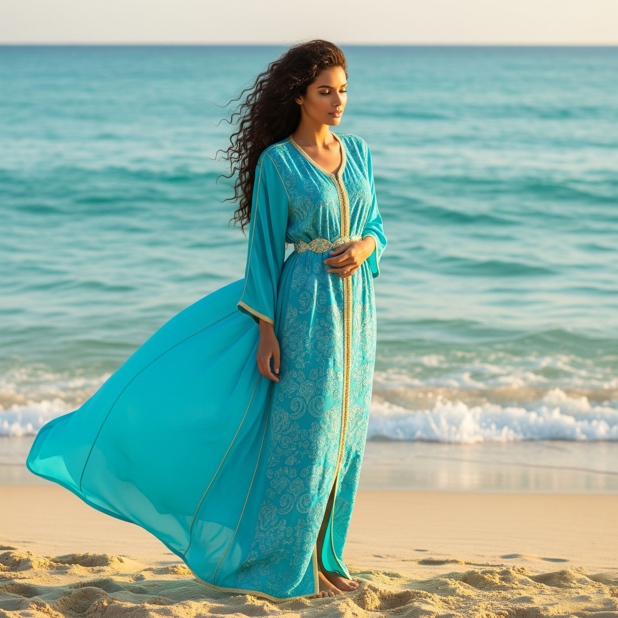 Donna con lunghi capelli ricci indossa un caftano lungo turchese con ricami dorati che ondeggia al vento sulla spiaggia, in riva al mare.