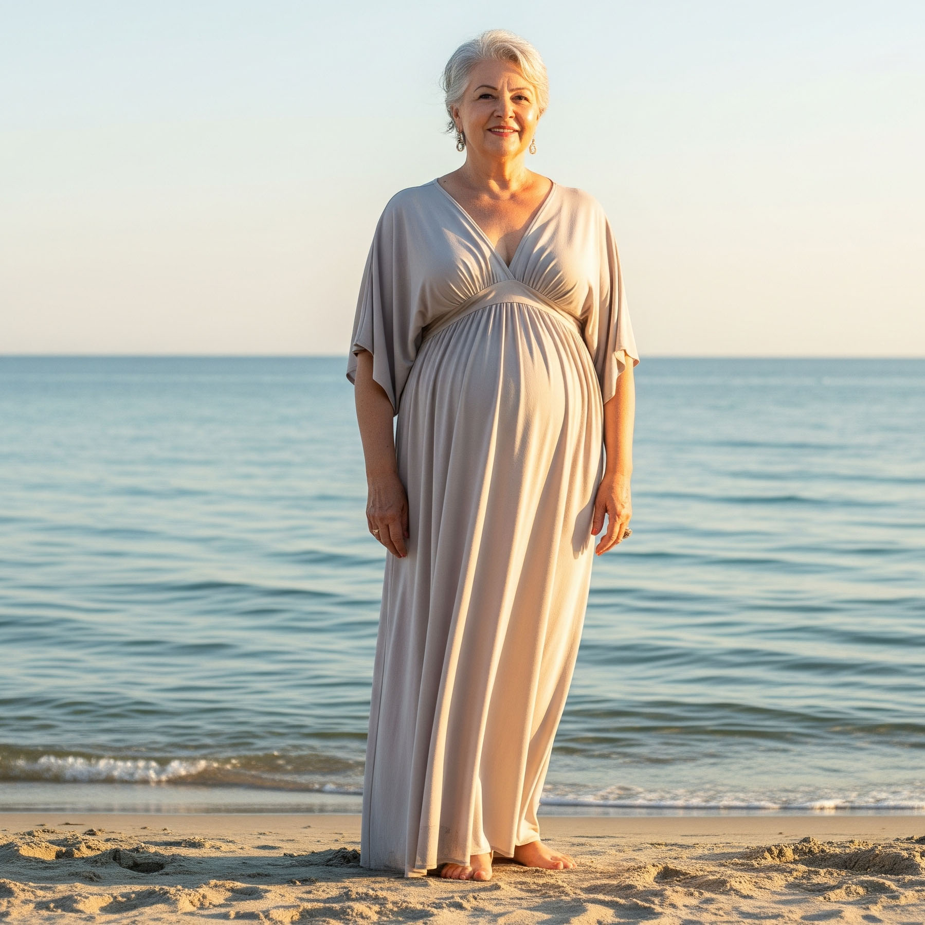 Donna curvy europea sorridente con caftano stile impero e scollo a V, perfetta per un fisico a mela, in posa elegante sulla spiaggia.

