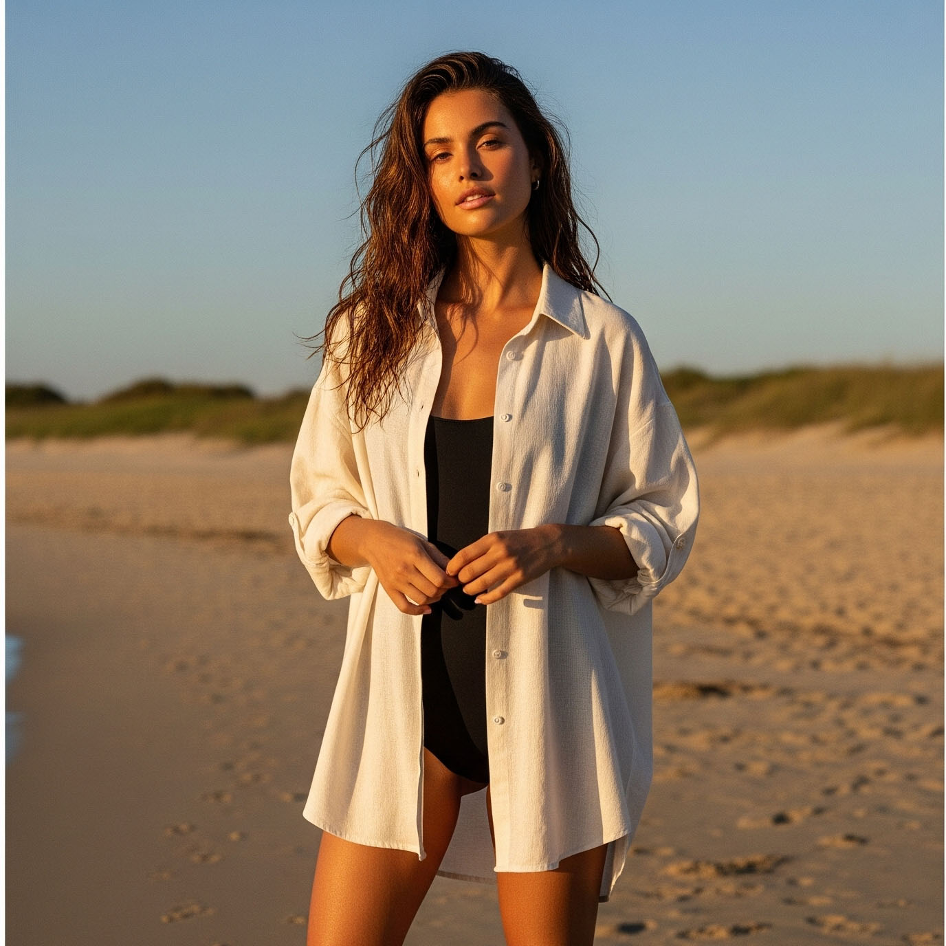 Donna con capelli mossi indossa una camicia di lino oversize color crema, aperta su un costume intero nero, mentre posa sulla sabbia in spiaggia.
