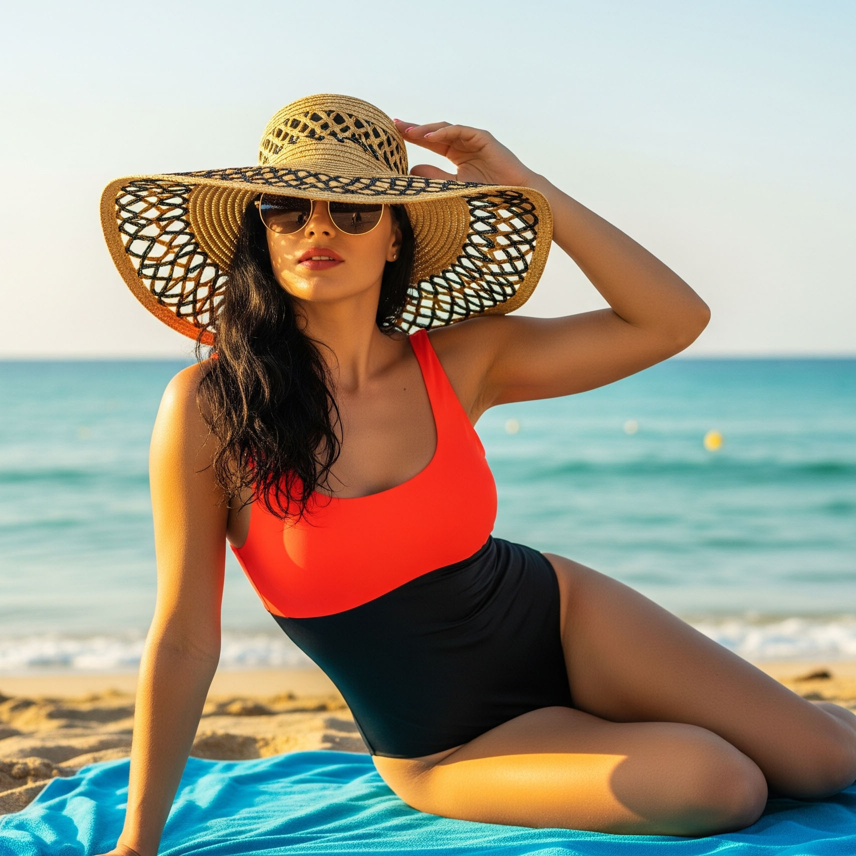 Donna seduta su un telo blu in spiaggia indossa un costume intero, un grande cappello di paglia a tesa larga e occhiali da sole neri da diva.

