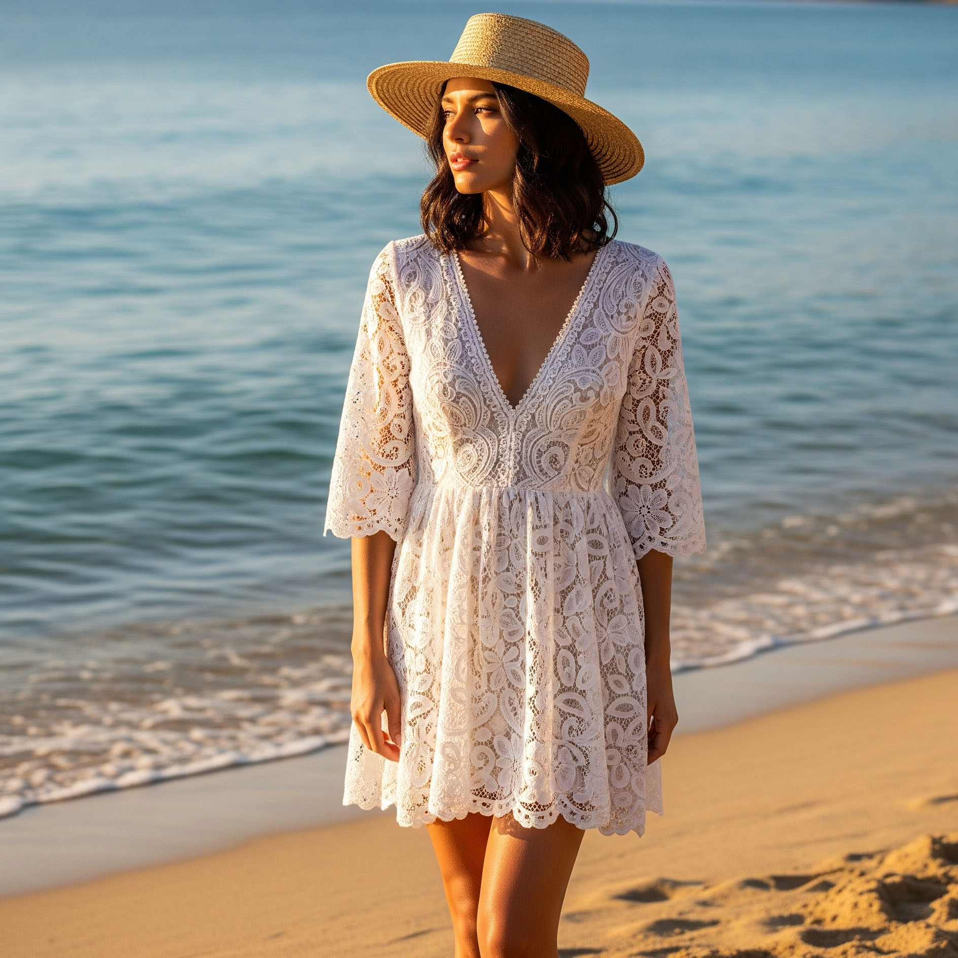 Donna con un look romantico indossa un abito corto bianco in pizzo sangallo come copricostume chic in spiaggia.

