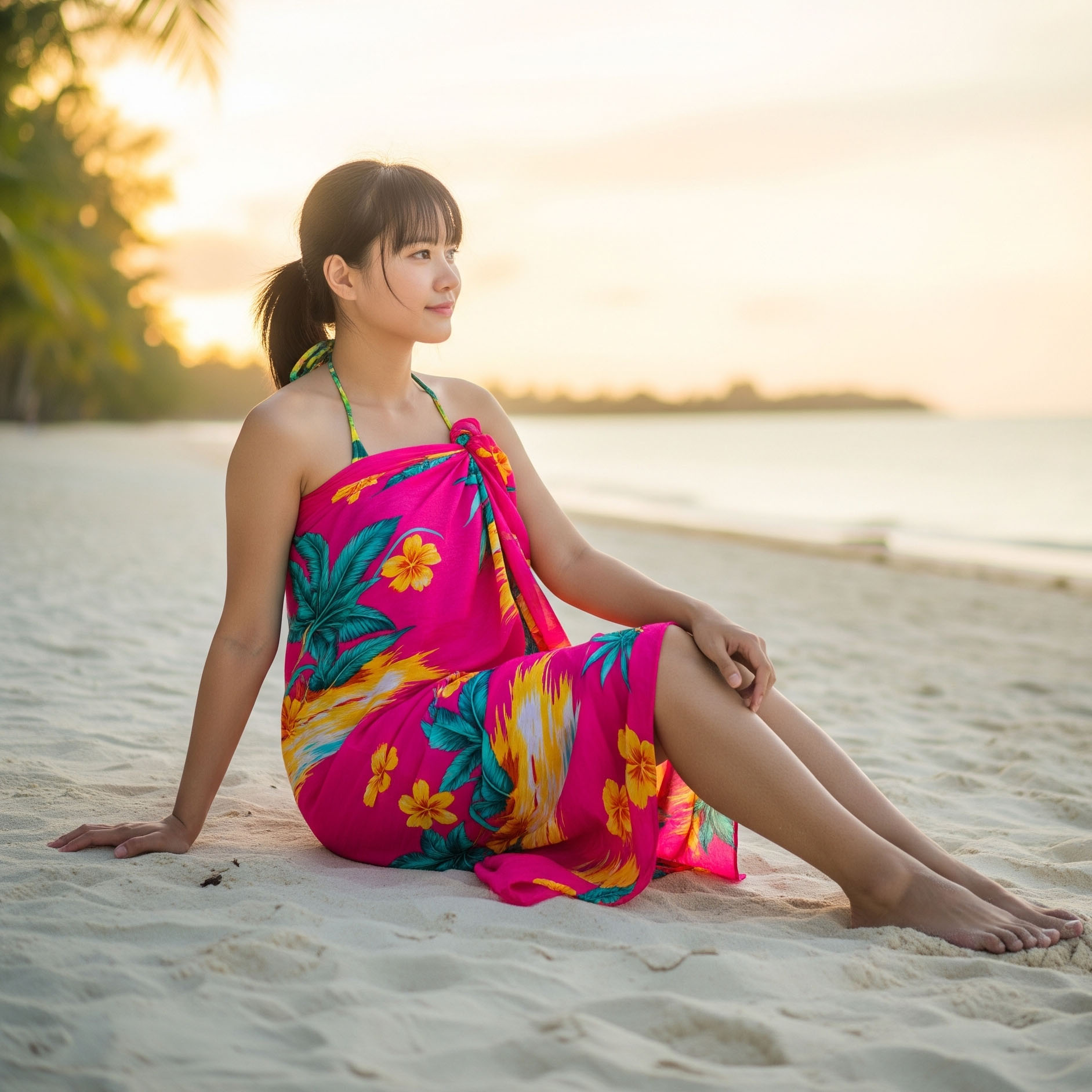 Donna sulla spiaggia indossa un versatile copricostume pareo sarong rosa, annodato ad arte come un elegante vestito.


