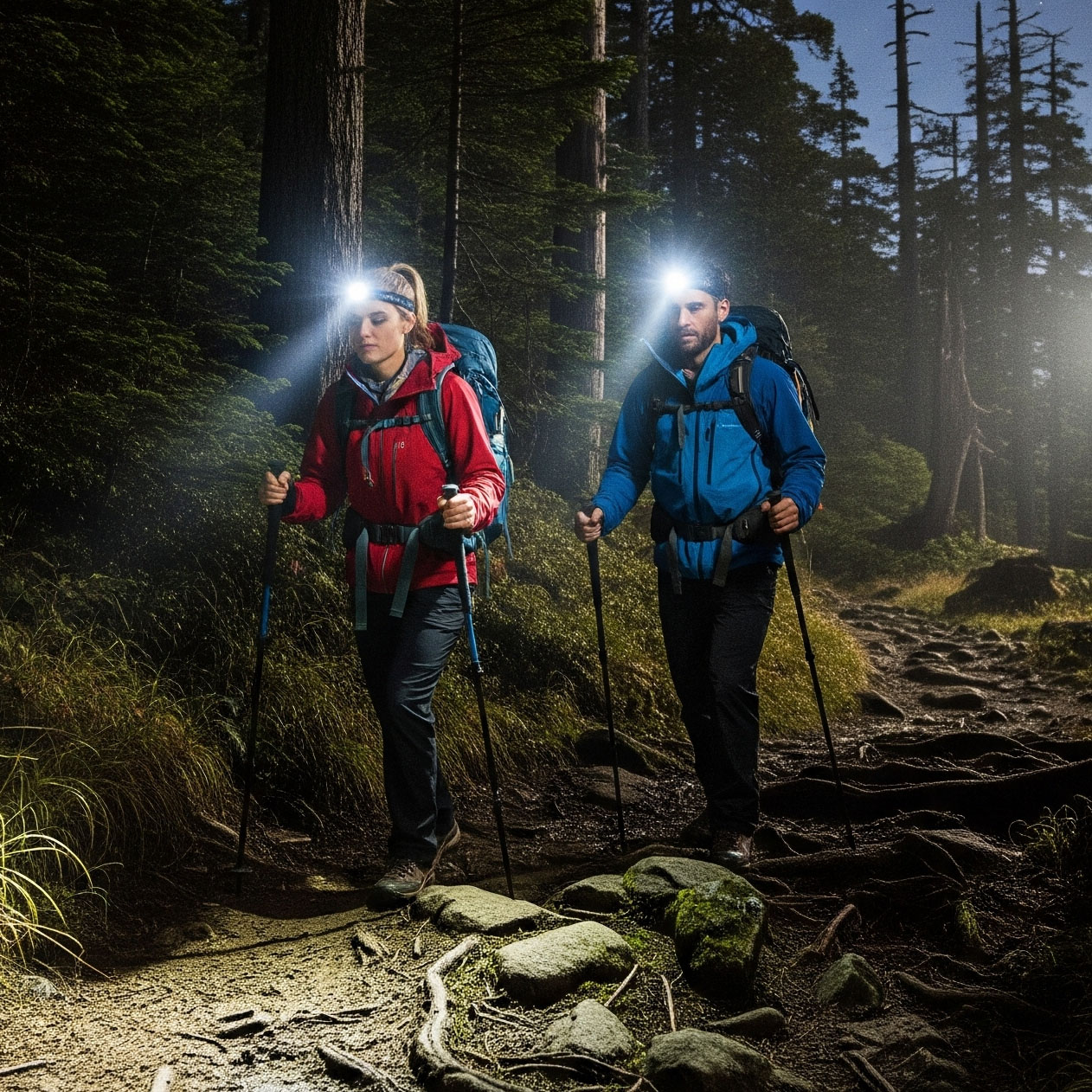 Uomo e donna durante un'escursione notturna in un bosco, il sentiero è illuminato dalle loro potenti lampade frontali.
