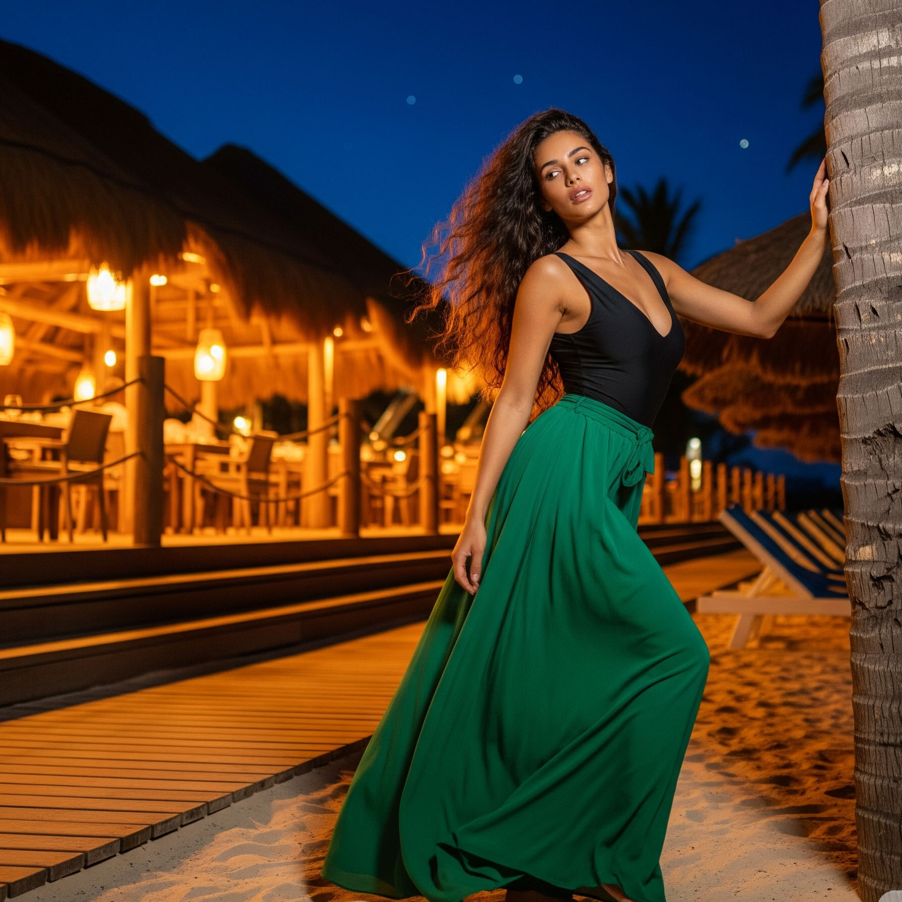 Donna con un look spezzato composto da una gonna lunga verde e un body nero, ideale per una cena elegante in un ristorante sulla spiaggia.

