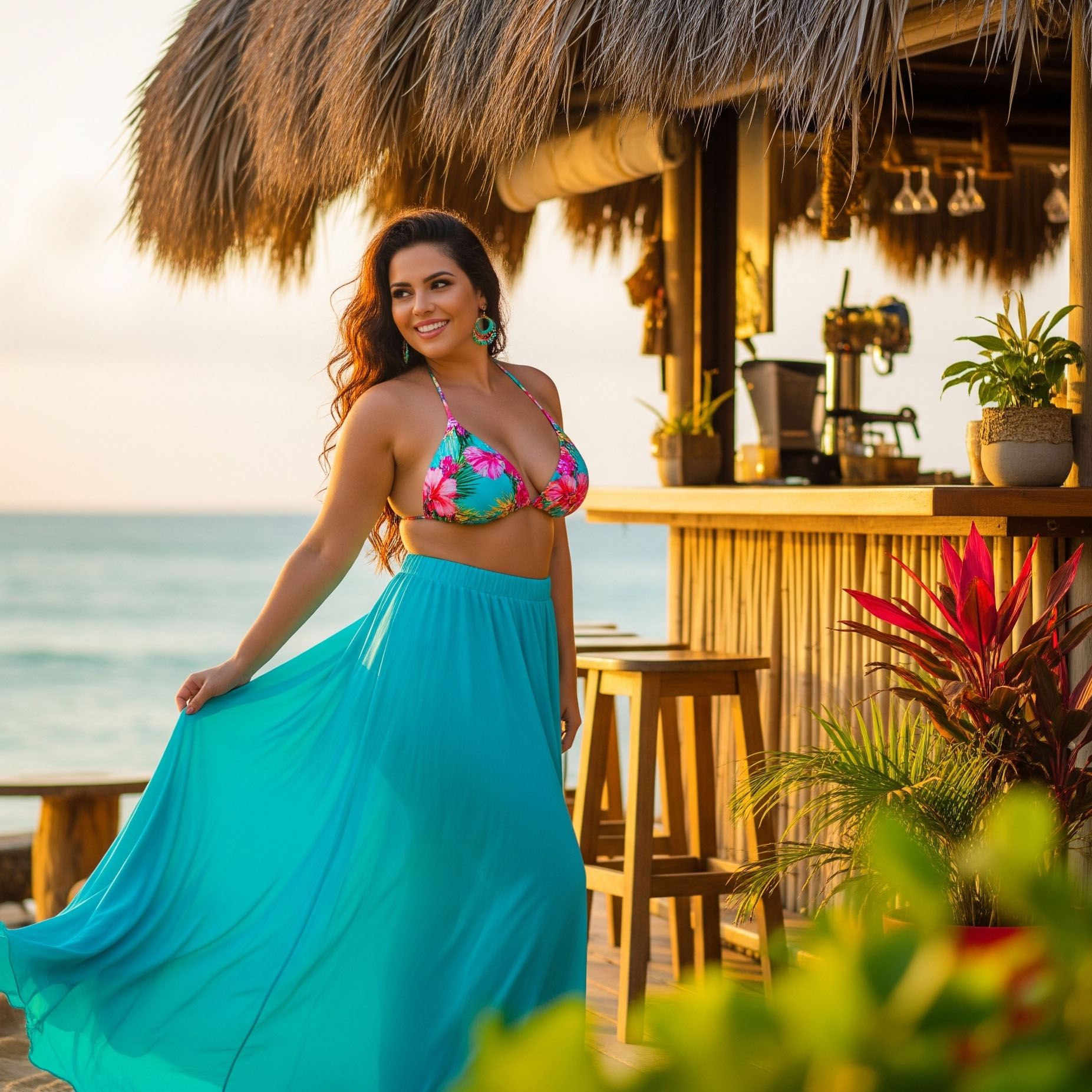Come sembrare più magra in spiaggia: trucchi e look 2025 19 Donna curvy sorridente vicino a un bar sulla spiaggia indossa una gonna lunga turchese e un top bikini, un'alternativa chic al classico copricostume per un look da aperitivo.