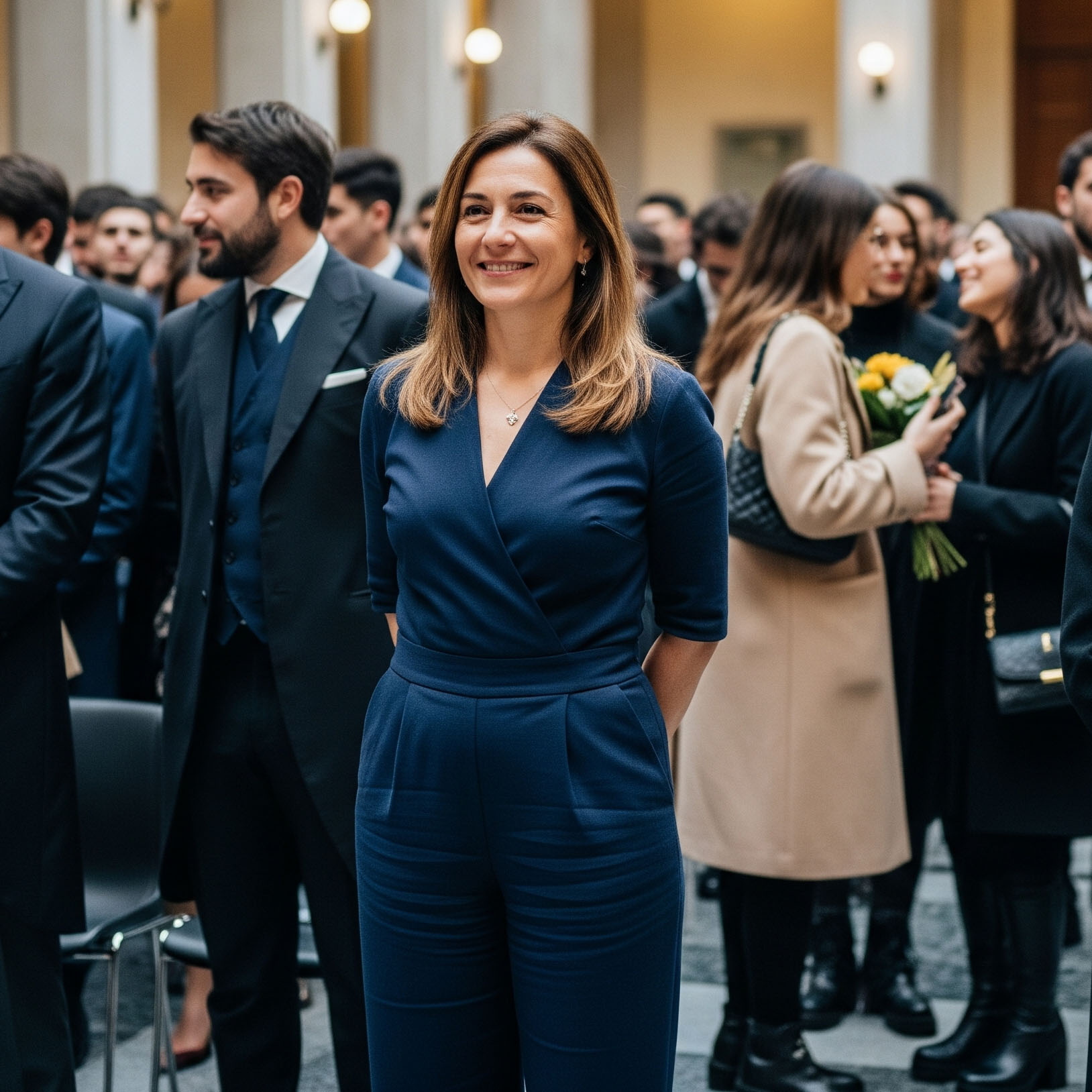 Mamma sorridente con una jumpsuit elegante blu navy, il look moderno e chic per una cerimonia di laurea invernale in università.