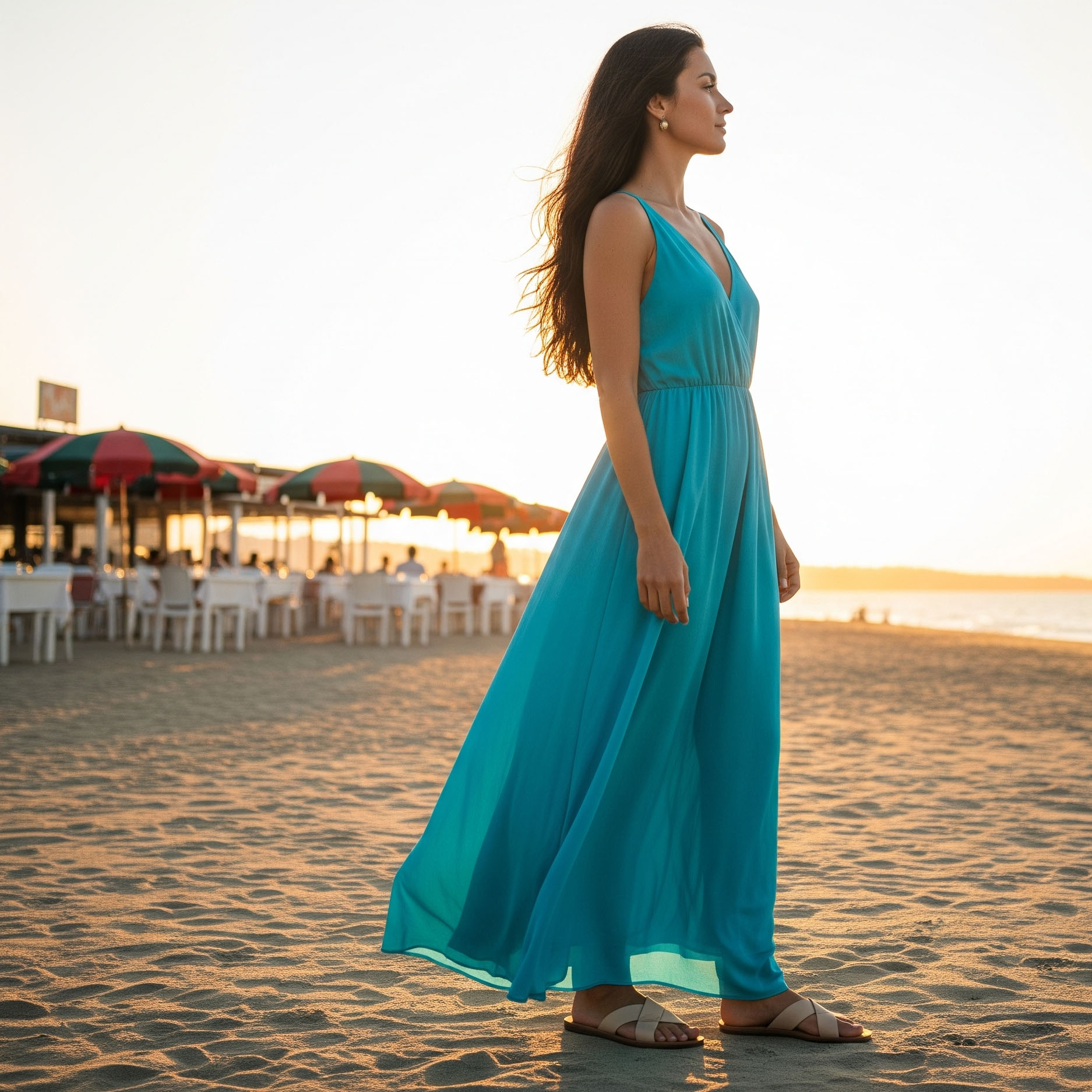Donna con look barefoot chic indossa un abito lungo fluente e sandali bassi per una cena in spiaggia al tramonto.


