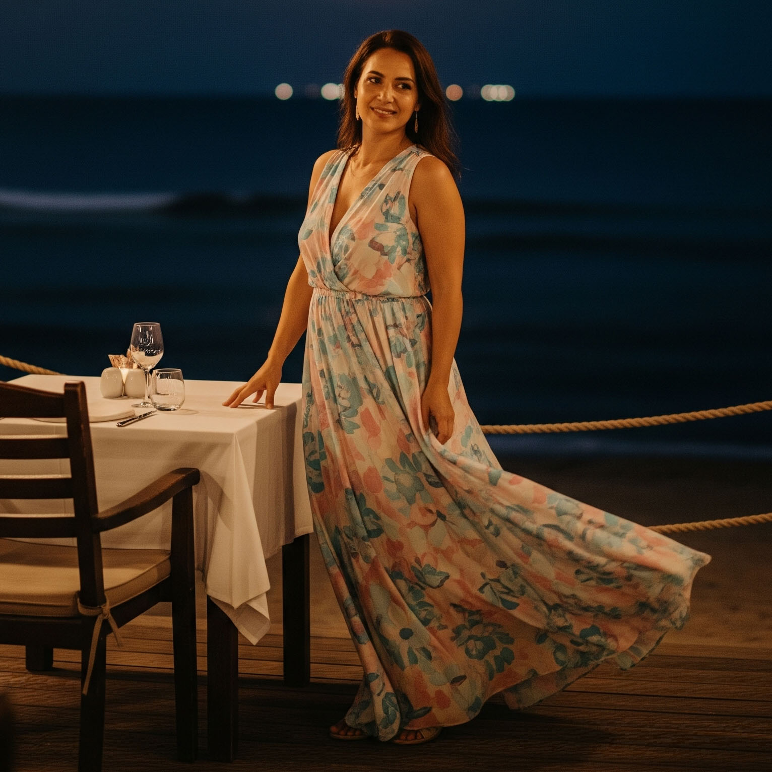 Donna sorridente con un maxi dress a fantasia floreale in un ristorante sulla spiaggia di sera, un look perfetto per una cena estiva.

