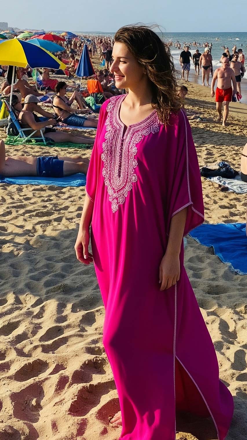 Outfit mare donna con un elegante caftano fucsia in una vivace spiaggia estiva piena di persone e ombrelloni.

