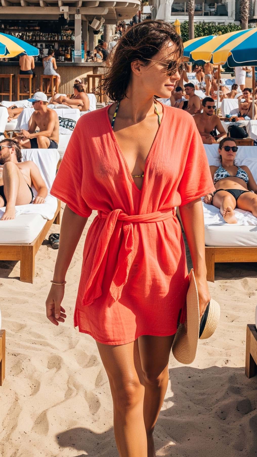 Outfit mare donna con un copricostume corto in cotone color corallo, indossato in un vivace beach club estivo tra i lettini.

