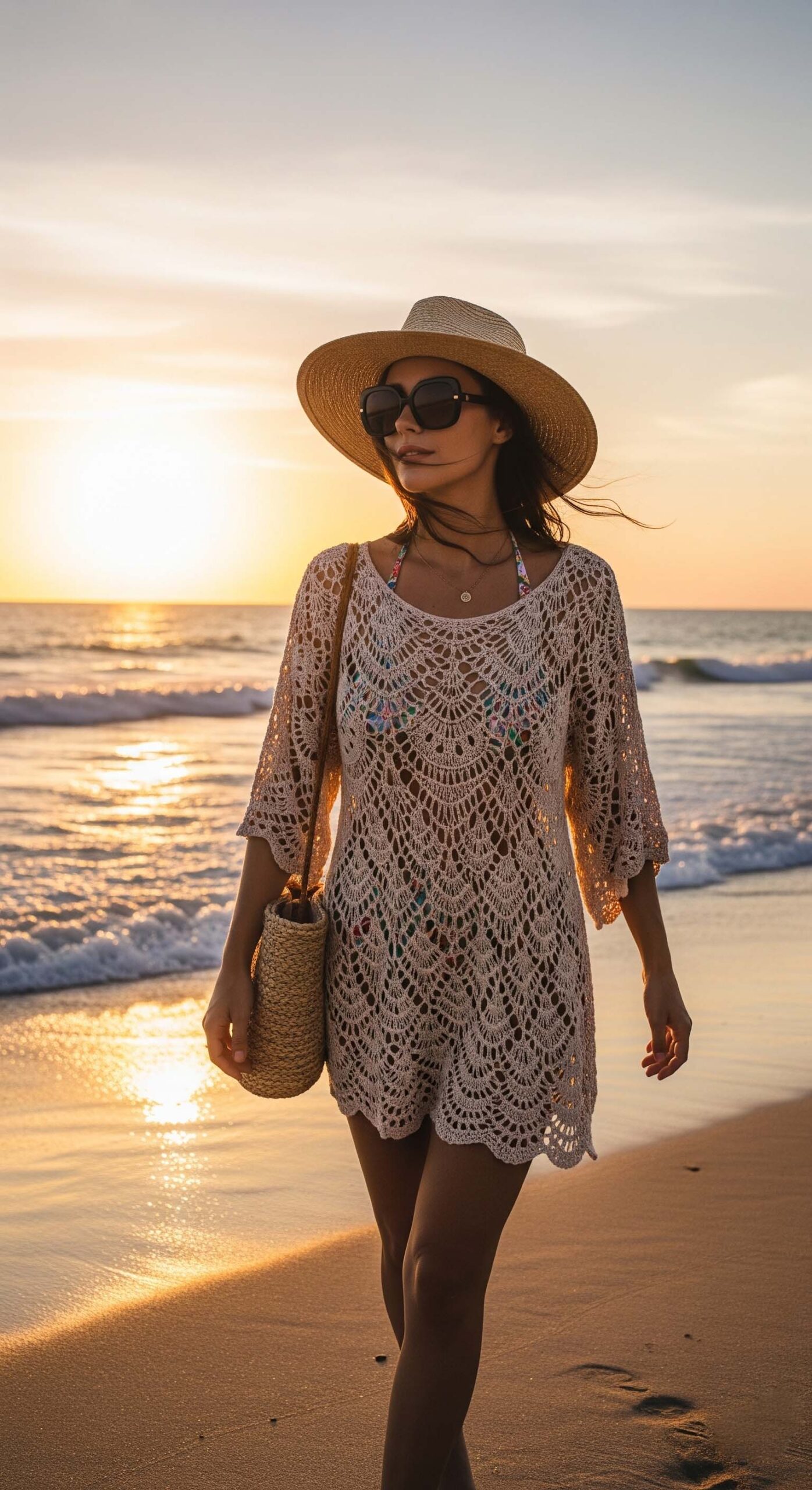Donna con outfit mare completo di copricostume crochet e cappello di paglia cammina sulla spiaggia al tramonto.

