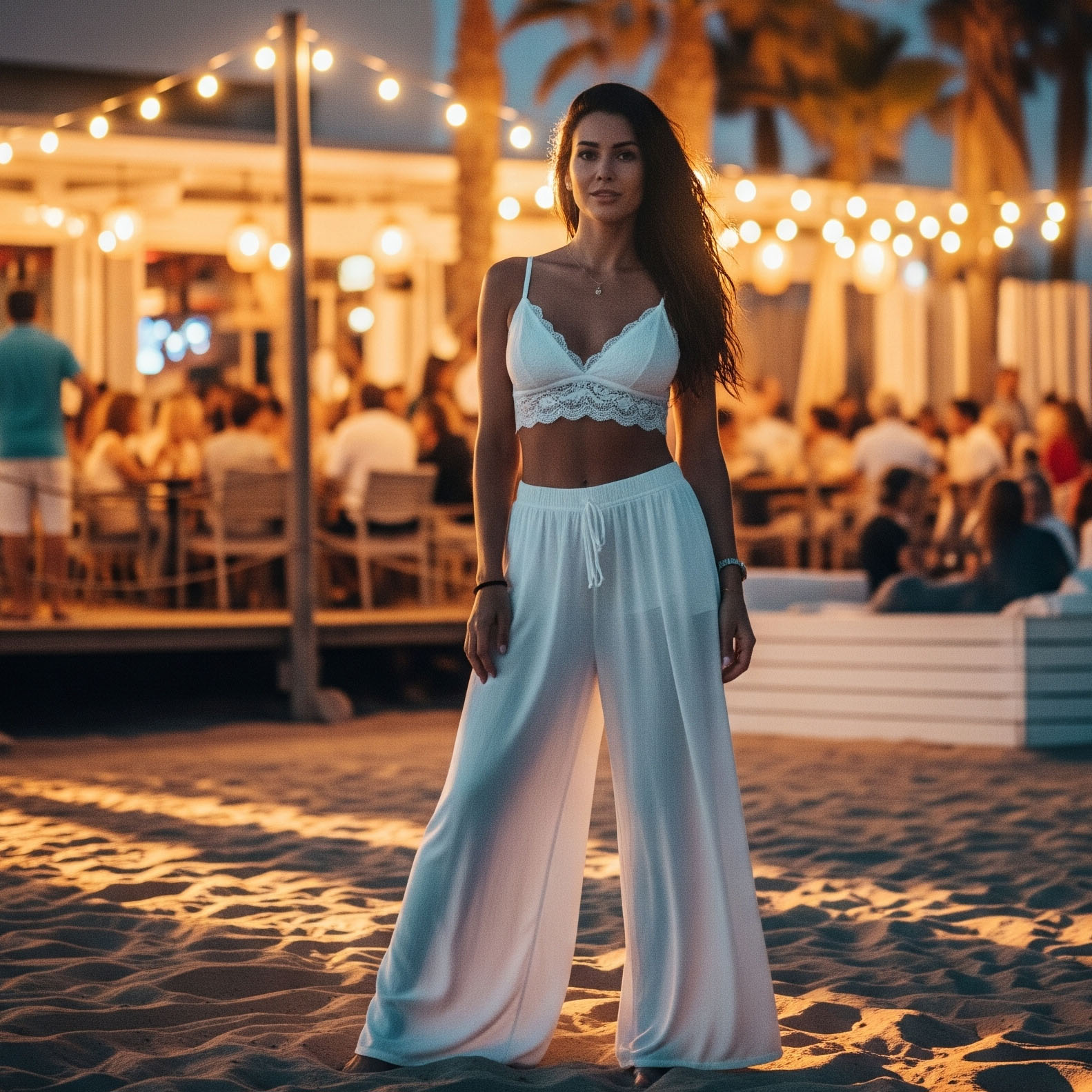 Donna con un outfit audace per una cena in spiaggia, composto da pantaloni palazzo bianchi e una bralette in pizzo abbinata.

