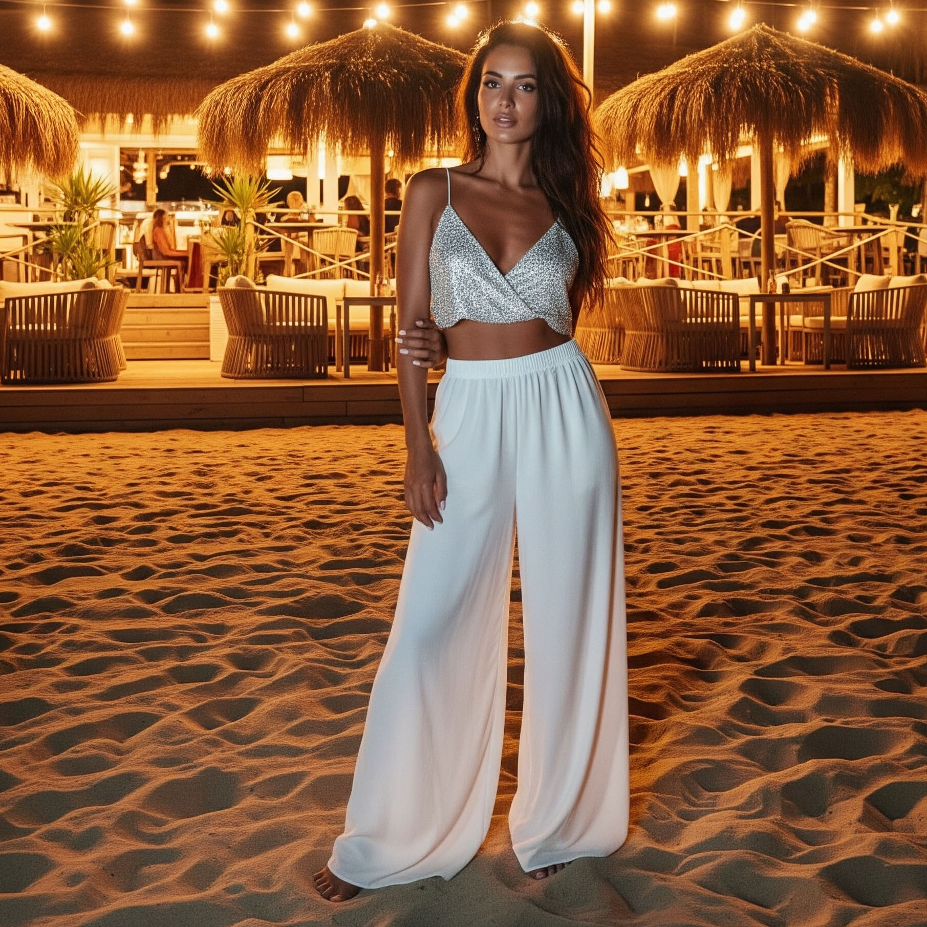 Donna indossa un look spezzato con pantaloni palazzo bianchi e un crop top scintillante per una cena elegante in un ristorante sulla spiaggia.


