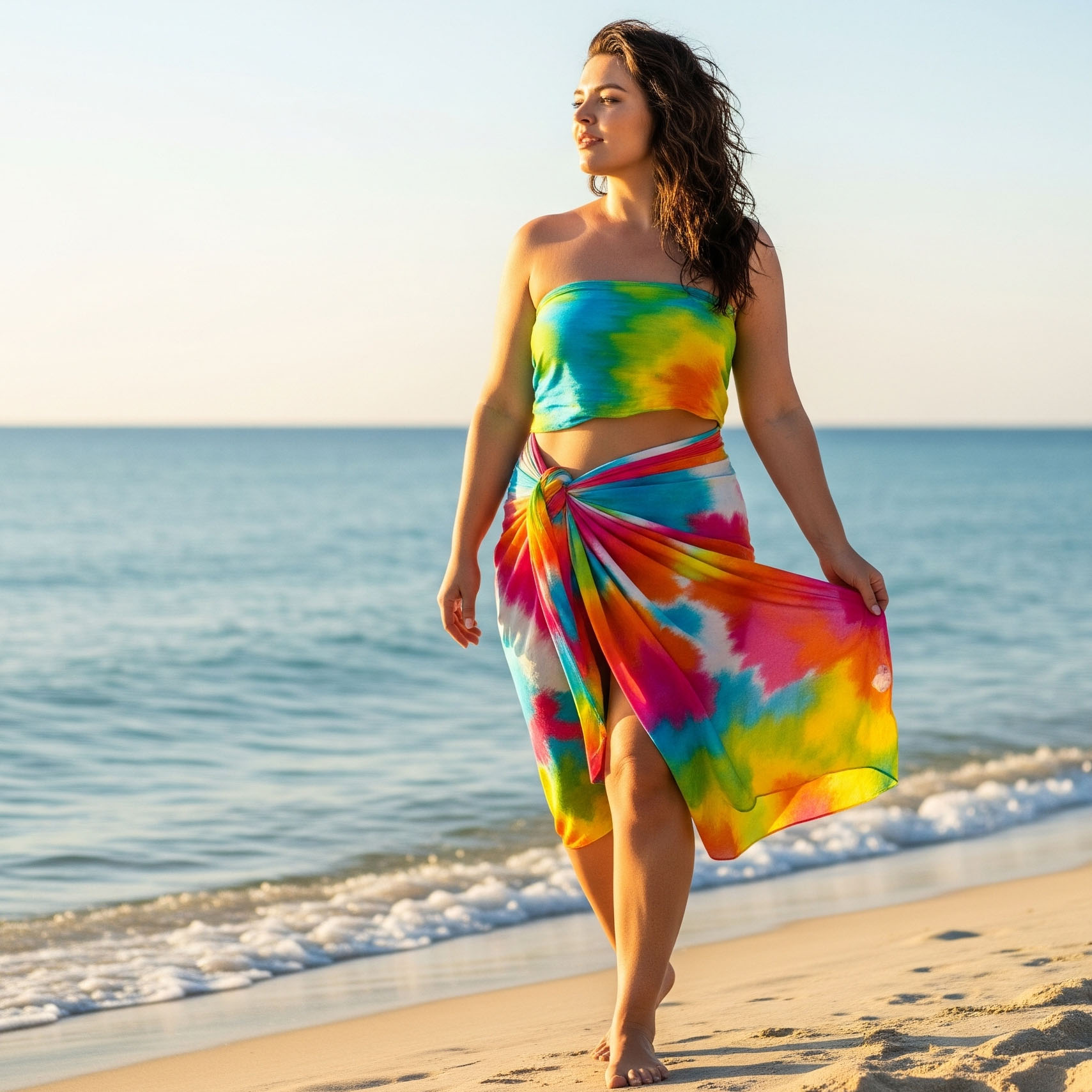 Come sembrare più magra in spiaggia: trucchi e look 2025 17 Donna curvy cammina sul bagnasciuga indossando un pareo tie-dye colorato, annodato strategicamente sul fianco per creare una gonna che slancia la figura.