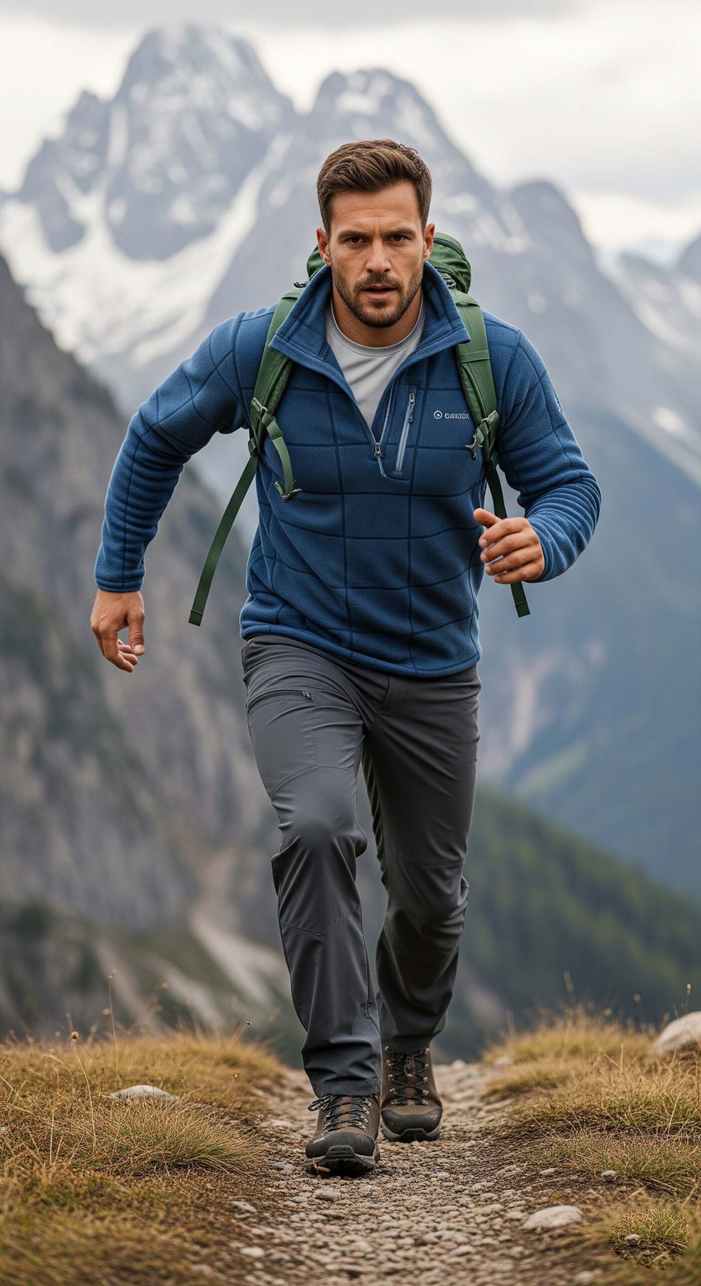 Uomo che indossa un secondo strato (mid layer), un pile tecnico blu, lo strato isolante fondamentale per l'abbigliamento da montagna
