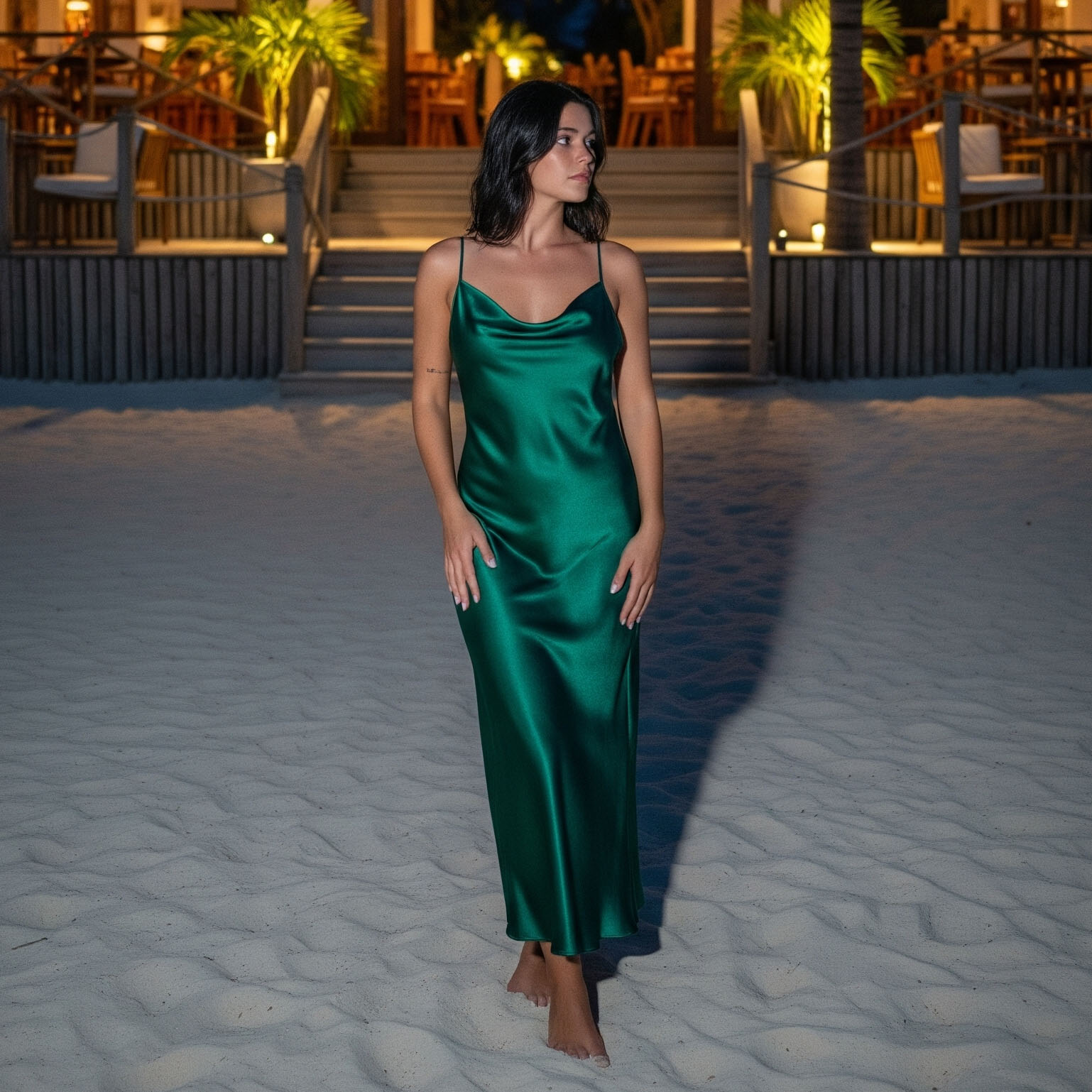 Donna a piedi nudi sulla sabbia indossa un elegante slip dress in seta verde per una cena in un ristorante sulla spiaggia di sera.

