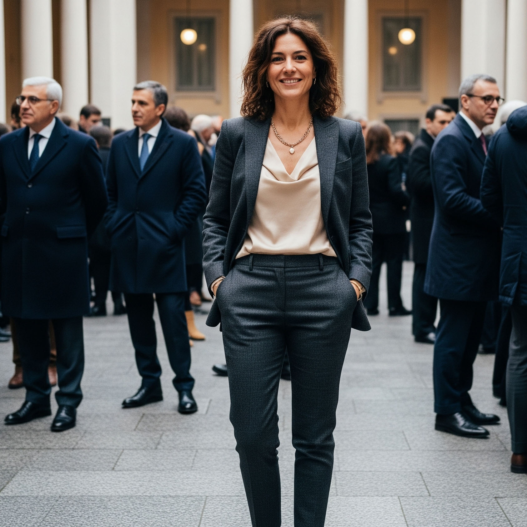 Mamma sorridente indossa un elegante tailleur grigio con pantaloni a sigaretta e top in seta, un look classico e potente per la laurea invernale.