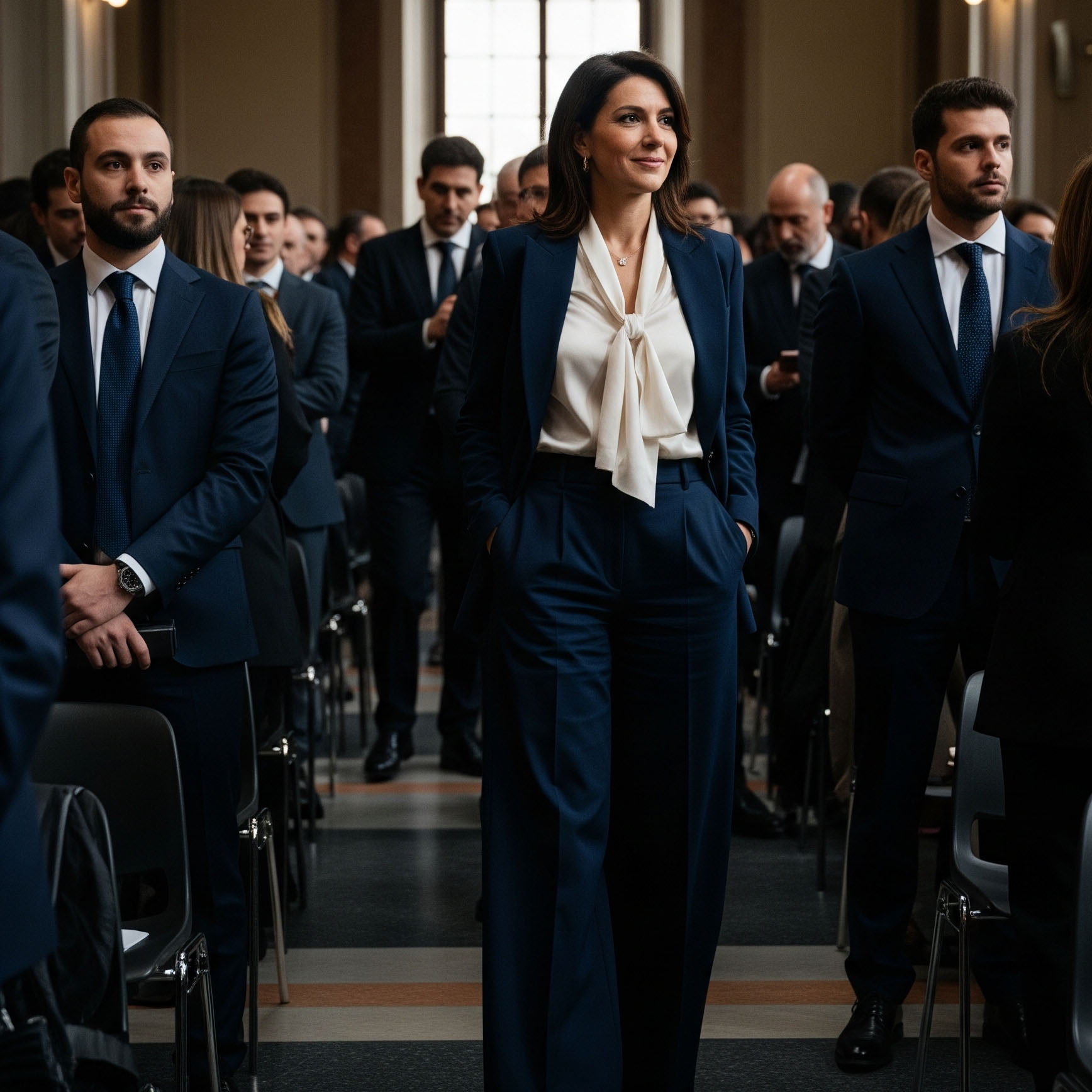 Mamma elegante con tailleur blu con pantaloni a palazzo e blusa in seta, outfit moderno e potente per una cerimonia di laurea invernale.