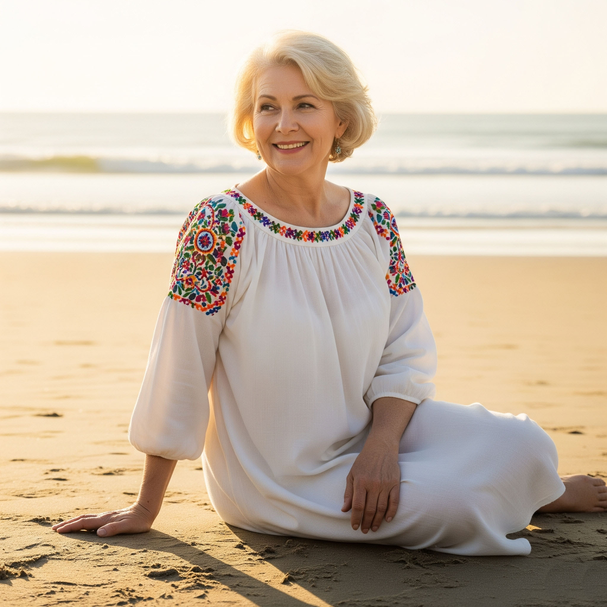Donna con fisico a pera indossa una tunica bianca con ricami colorati sulle spalle, ideale per bilanciare la figura, seduta sulla sabbia.


