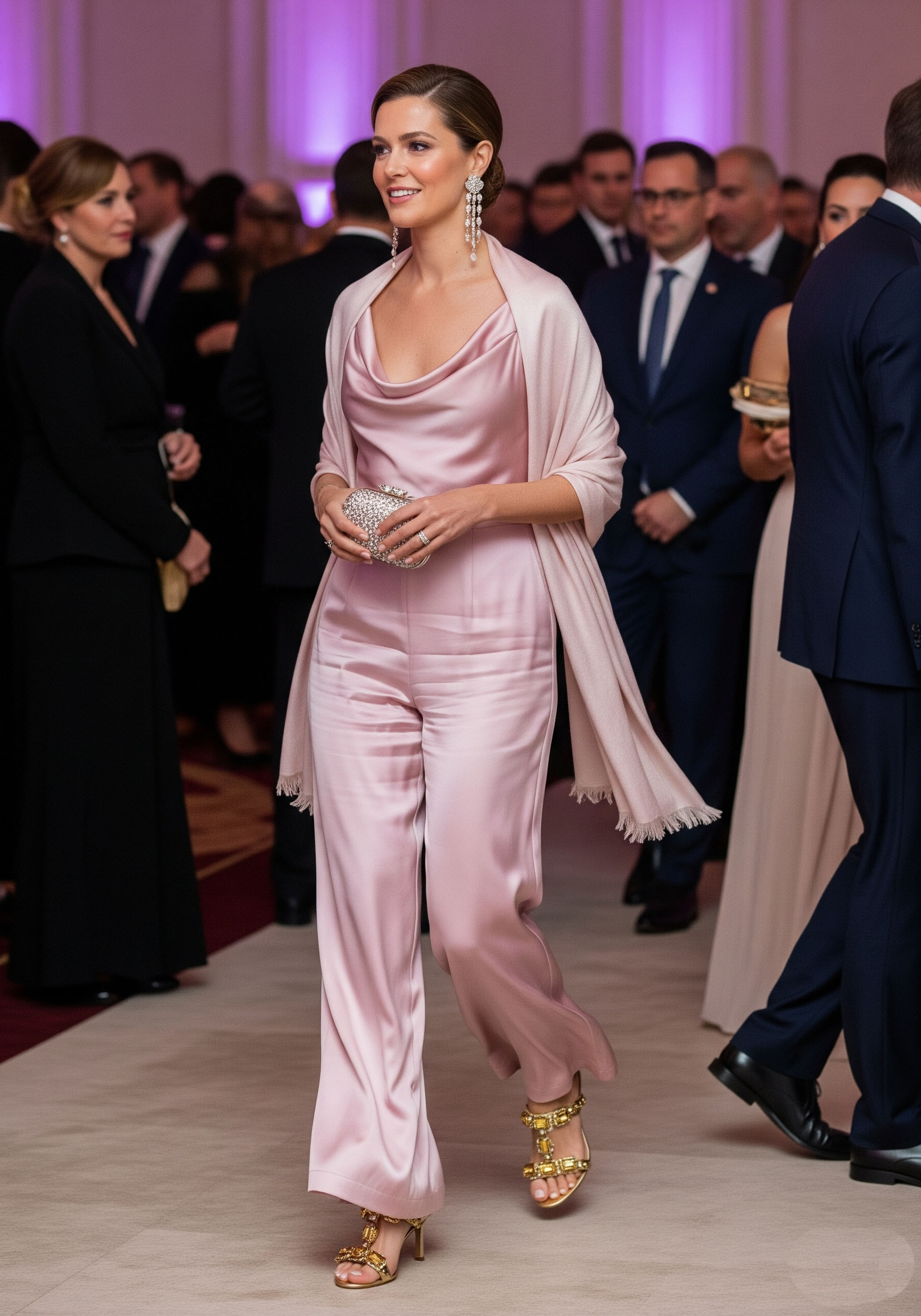 Come Abbinare Tuta Elegante Donna: Guida 2025 per Look WOW 13 Donna elegante a una cerimonia indossa un outfit completo con una tuta in seta rosa cipria, sandali gioiello oro, pochette brillante e una stola sulle spalle.