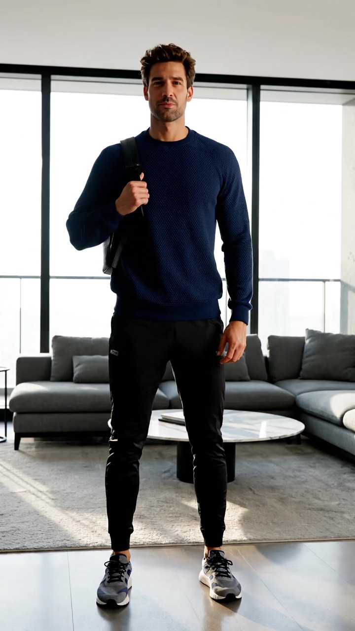 Outfit athleisure uomo con felpa girocollo blu notte, pantaloni jogger neri tecnici e sneakers grigie.