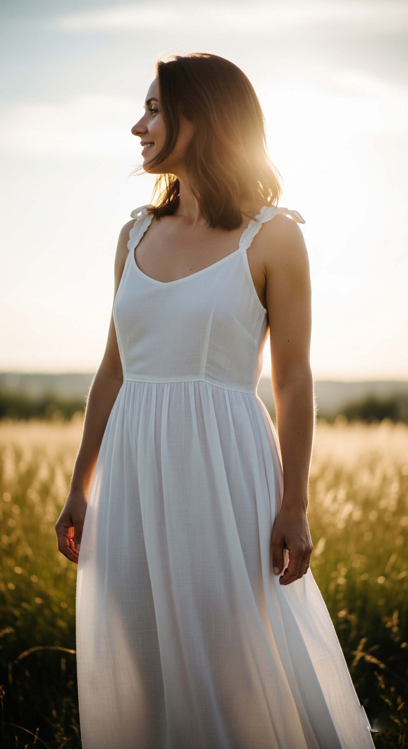 Come Vestirsi in Estate Donna: Guida Outfit Estivi 2025 3 Donna sorridente che indossa un abito estivo lungo in cotone bianco, un tessuto leggero e traspirante ideale per l'estate, mentre si trova in un campo al tramonto.