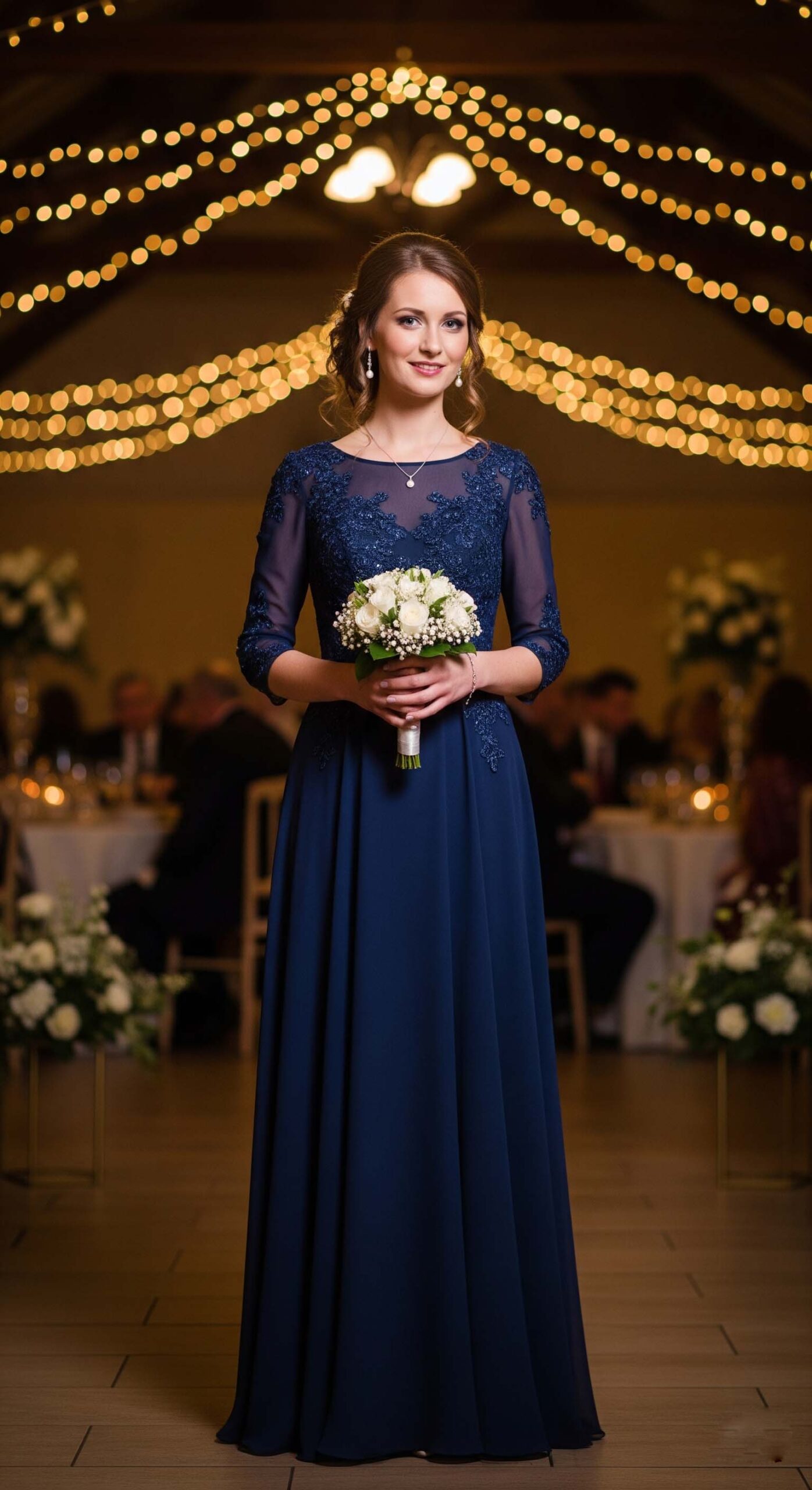 Outfit per un matrimonio di sera: donna con un elegante abito da cerimonia lungo blu notte durante il ricevimento di nozze.