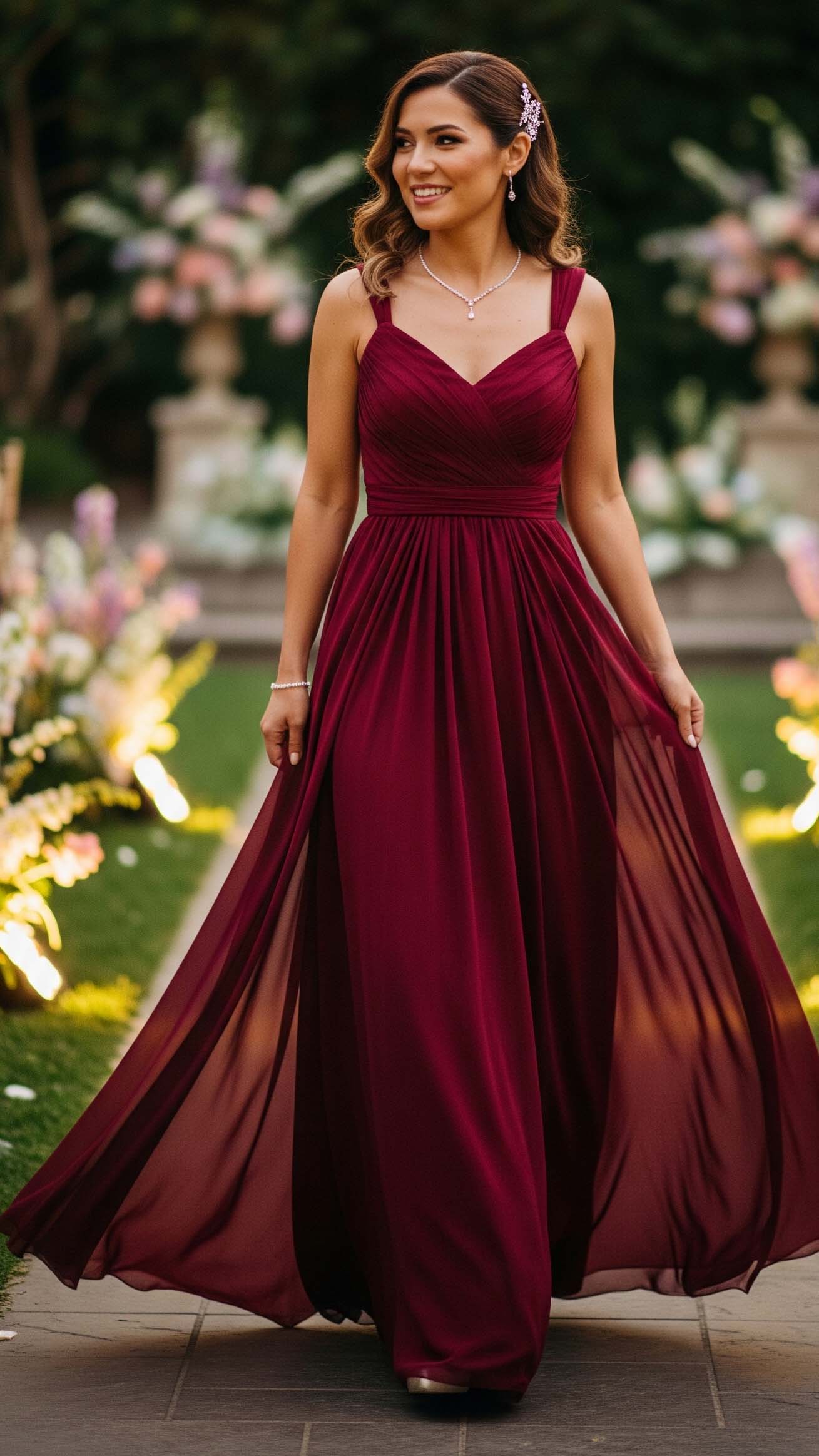 Invitata a una cerimonia serale in giardino con un outfit elegante composto da un abito lungo in chiffon color burgundy.