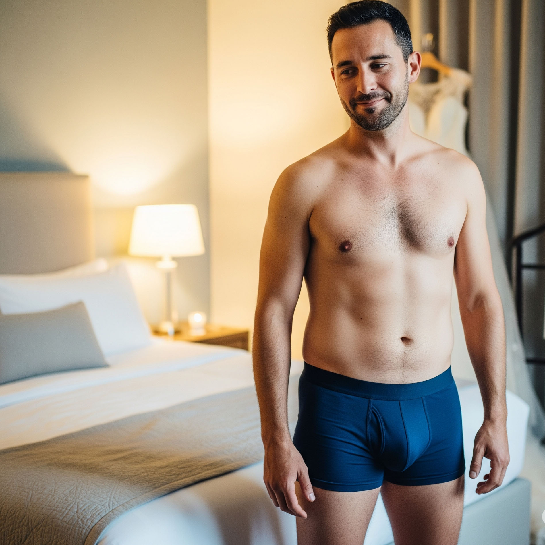 Uomo indossa solo un boxer aderente scuro per la sua prima notte di nozze, in una camera da letto elegante.

